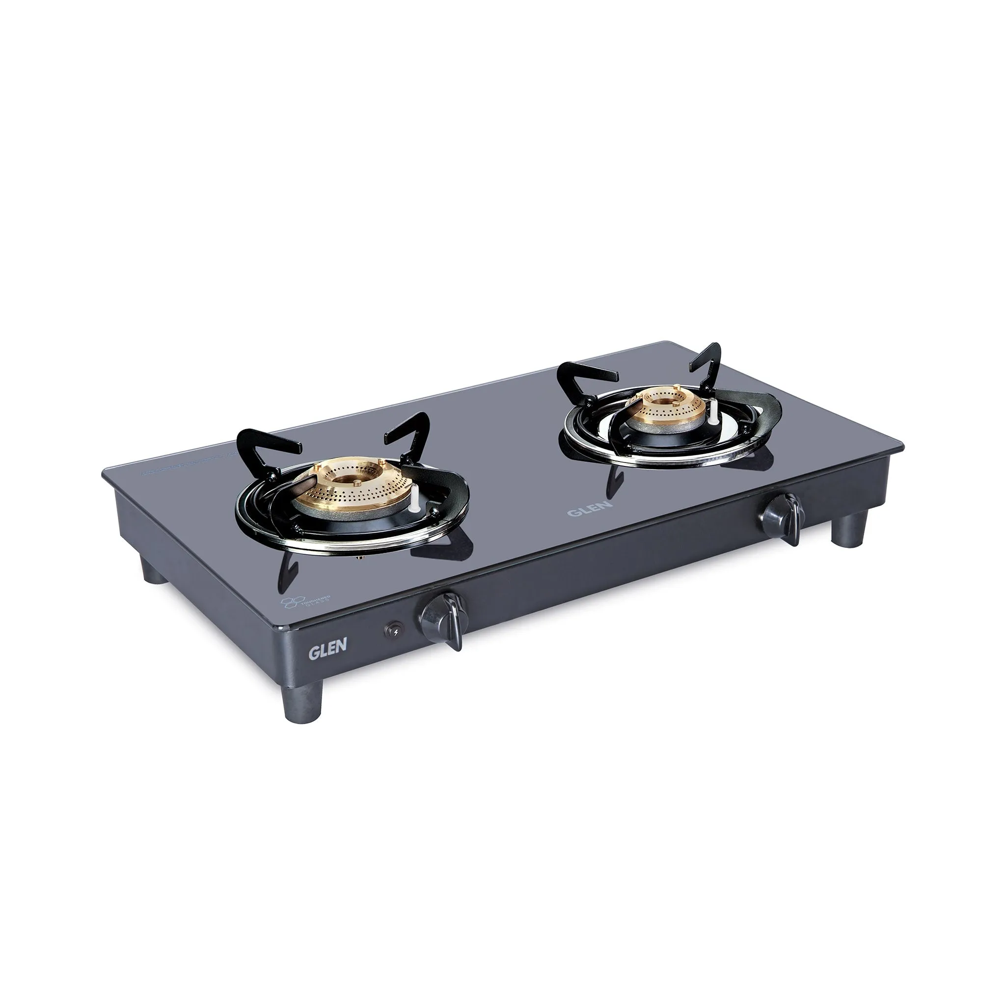 2 Burner Glass Gas Stove with High Flame Brass Burner Black (1021 GT HF BB BL) - Manual/Auto Ignition