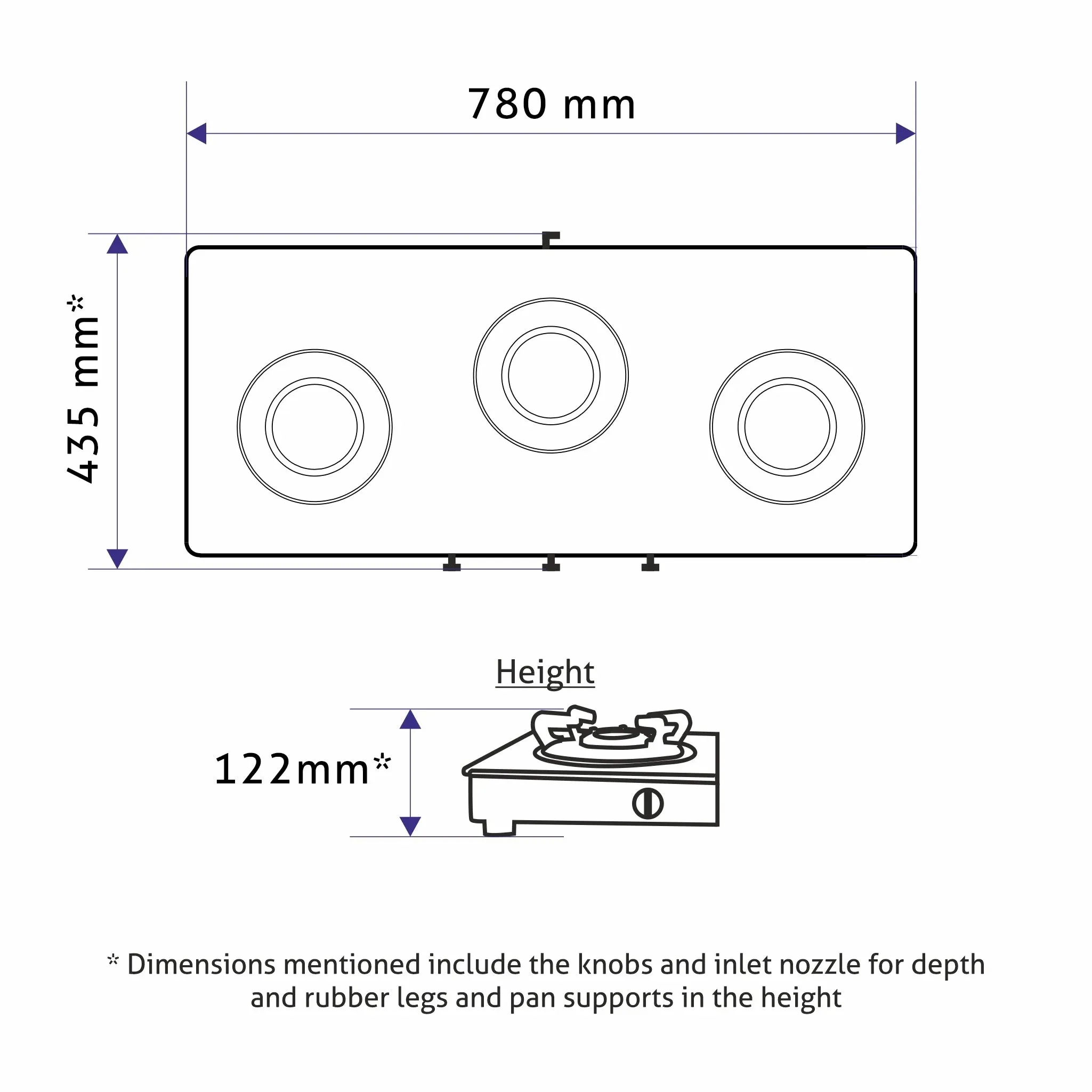 3 Burner Glass Gas Stove with High Flame Brass Burner and Crown Pan Supports (CT 1038 GT BB BL HF CP) - Manual/Auto Ignition