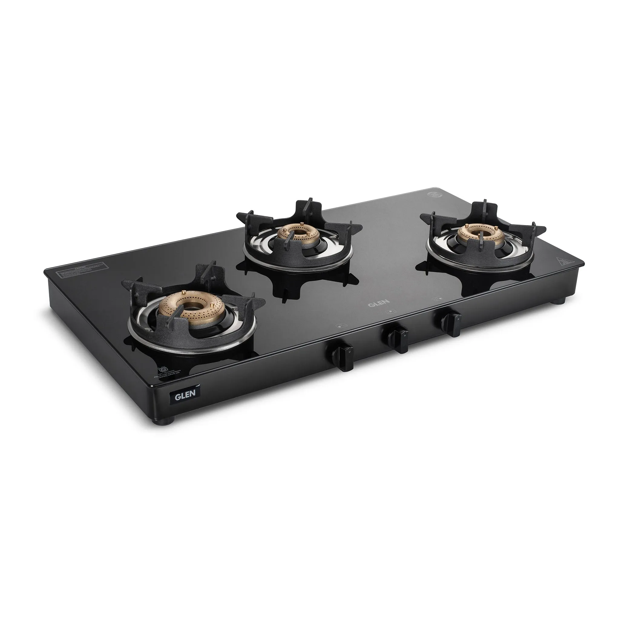 3 Burner Glass Gas Stove with High Flame Brass Burner and Crown Pan Supports (CT 1038 GT BB BL HF CP) - Manual/Auto Ignition