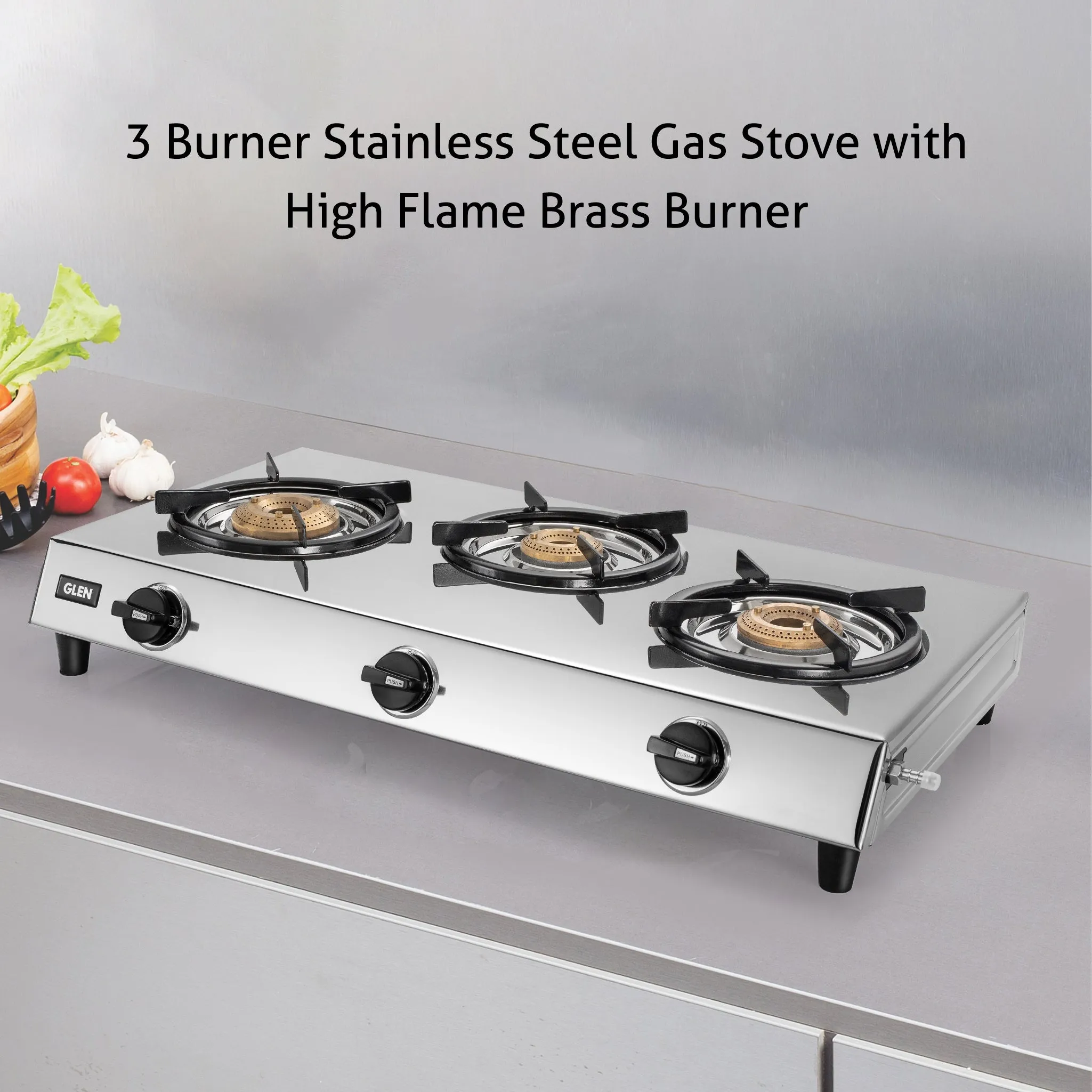 3 Burner Stainless Steel Gas Stove with High Flame Brass Burner (1031 XL SS HF BB)