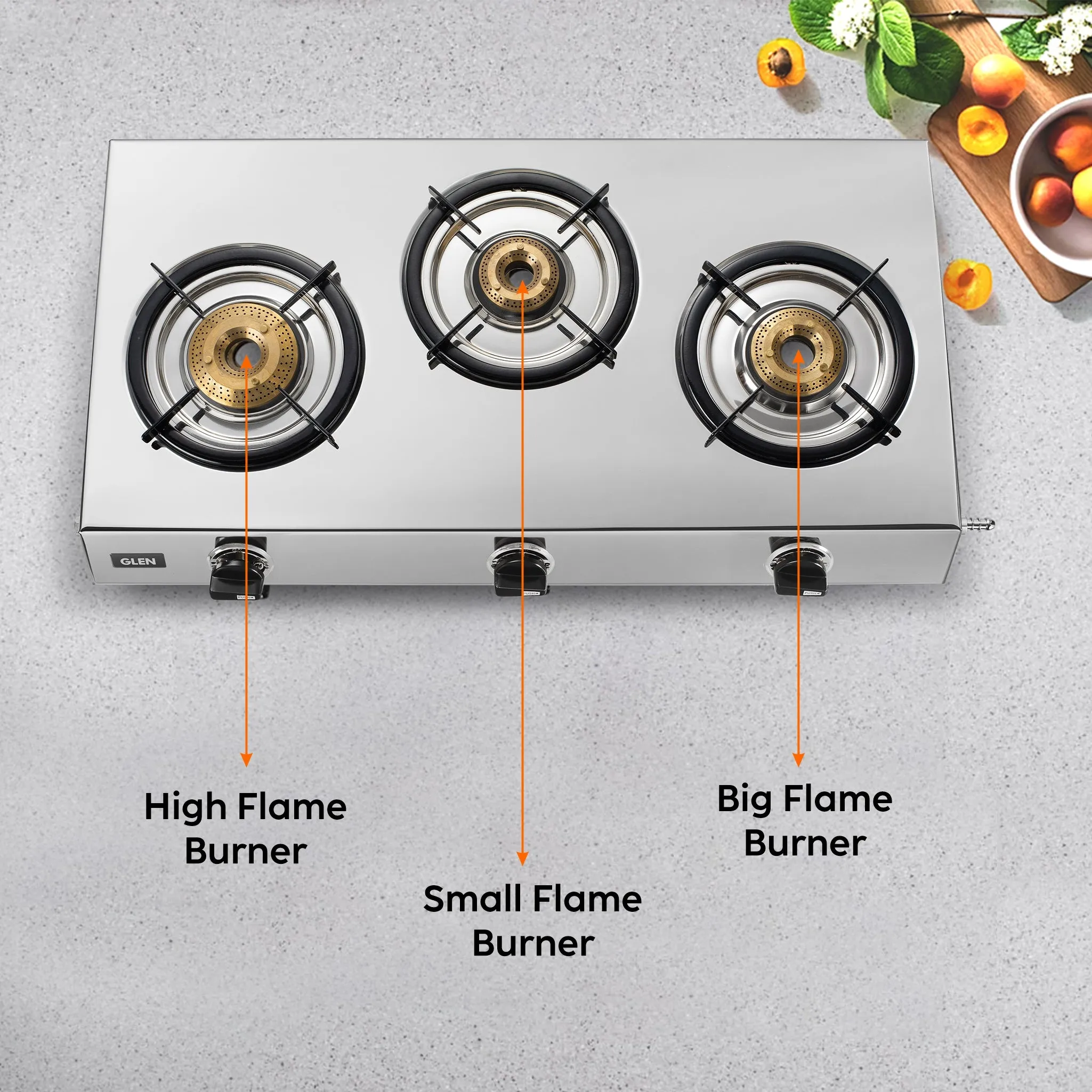 3 Burner Stainless Steel Gas Stove with High Flame Brass Burner (1031 XL SS HF BB)