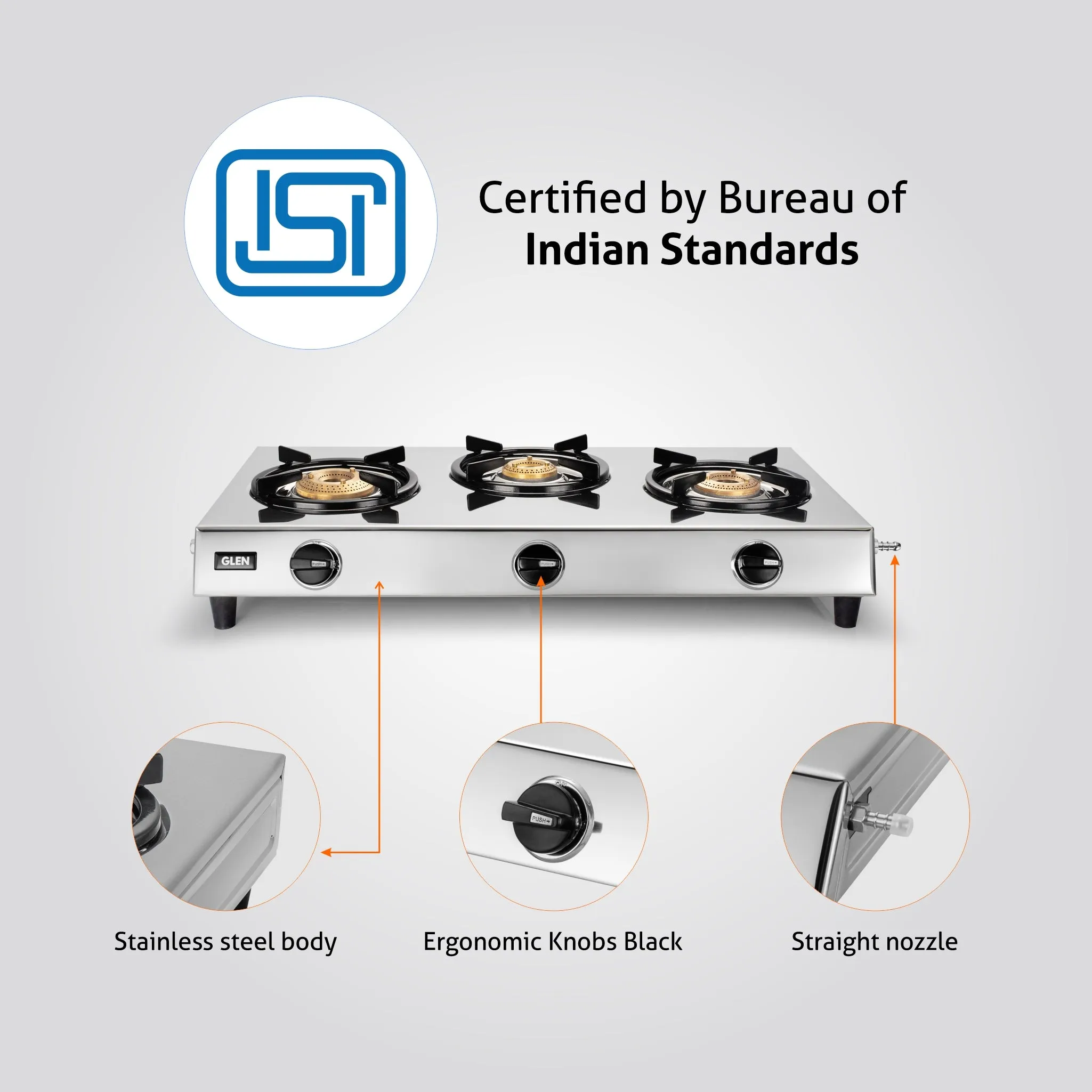 3 Burner Stainless Steel Gas Stove with High Flame Brass Burner (CT1036SSHFBB)