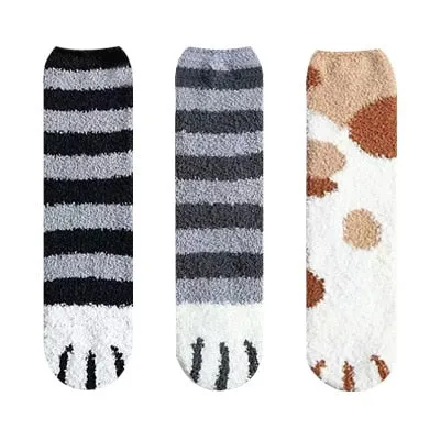 3 Pairs Women Cat Paw Cartoon Design Fluffy Socks For Women