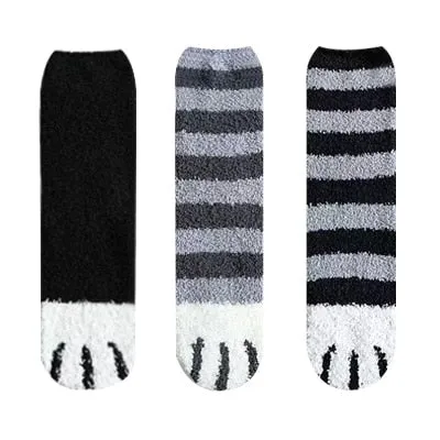 3 Pairs Women Cat Paw Cartoon Design Fluffy Socks For Women