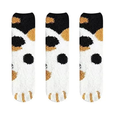 3 Pairs Women Cat Paw Cartoon Design Fluffy Socks For Women