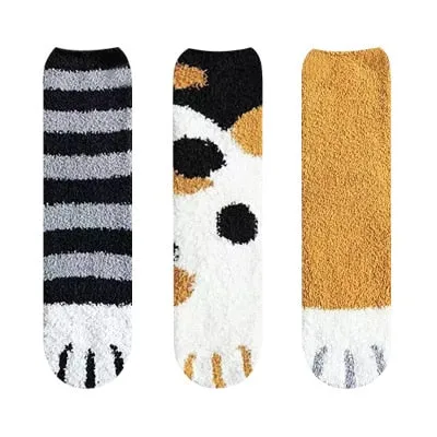 3 Pairs Women Cat Paw Cartoon Design Fluffy Socks For Women