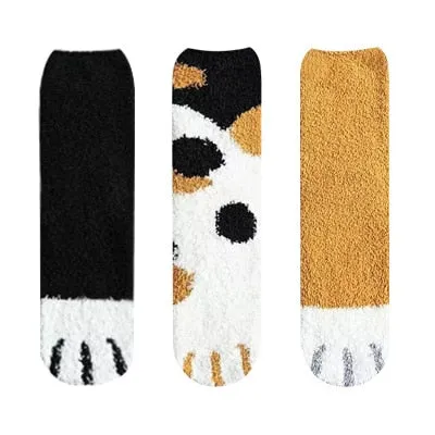 3 Pairs Women Cat Paw Cartoon Design Fluffy Socks For Women