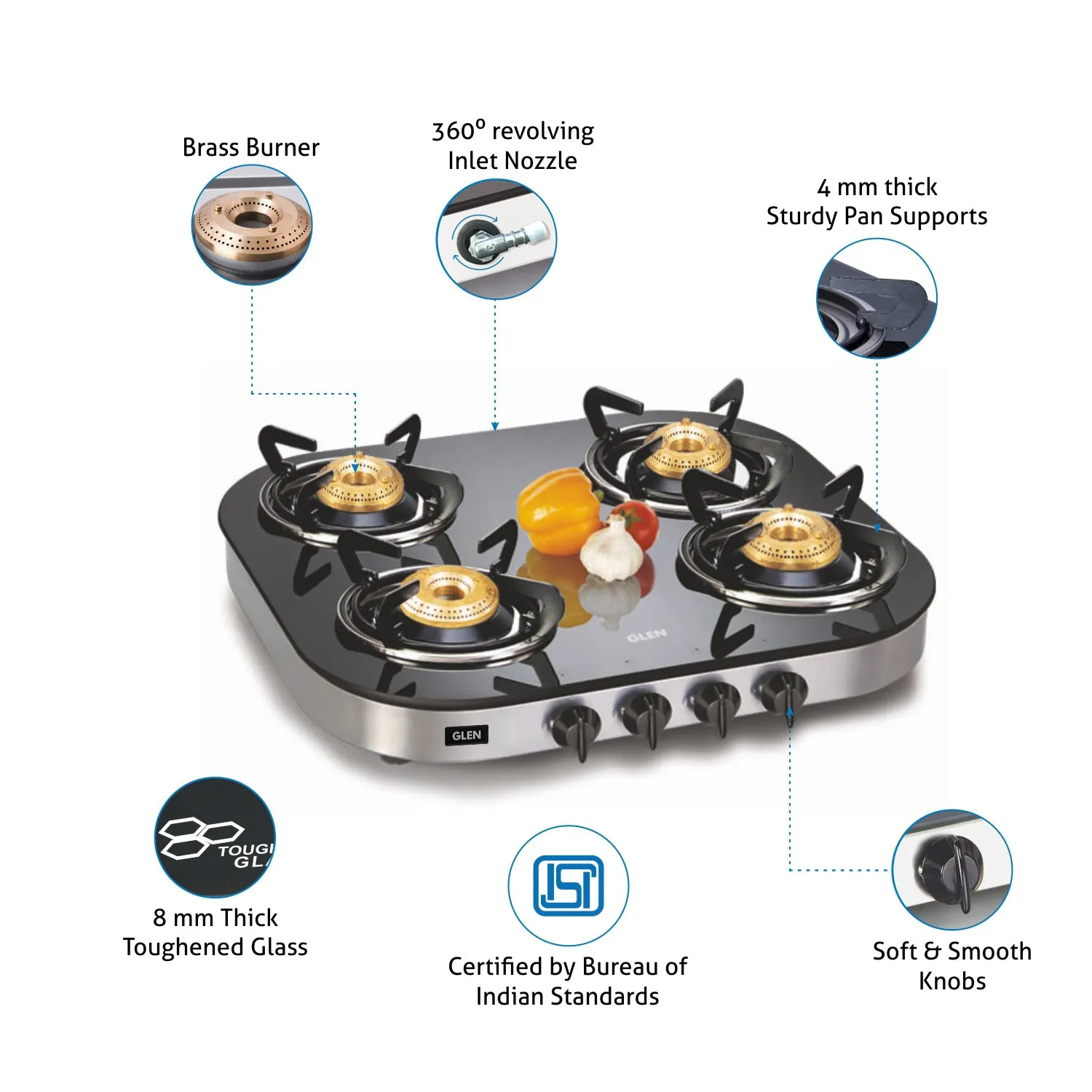 4 Burner Glass Gas Stove 1 High Flame 3  Brass Burner Round Corners (1046 GT) - Manual/Auto Ignition