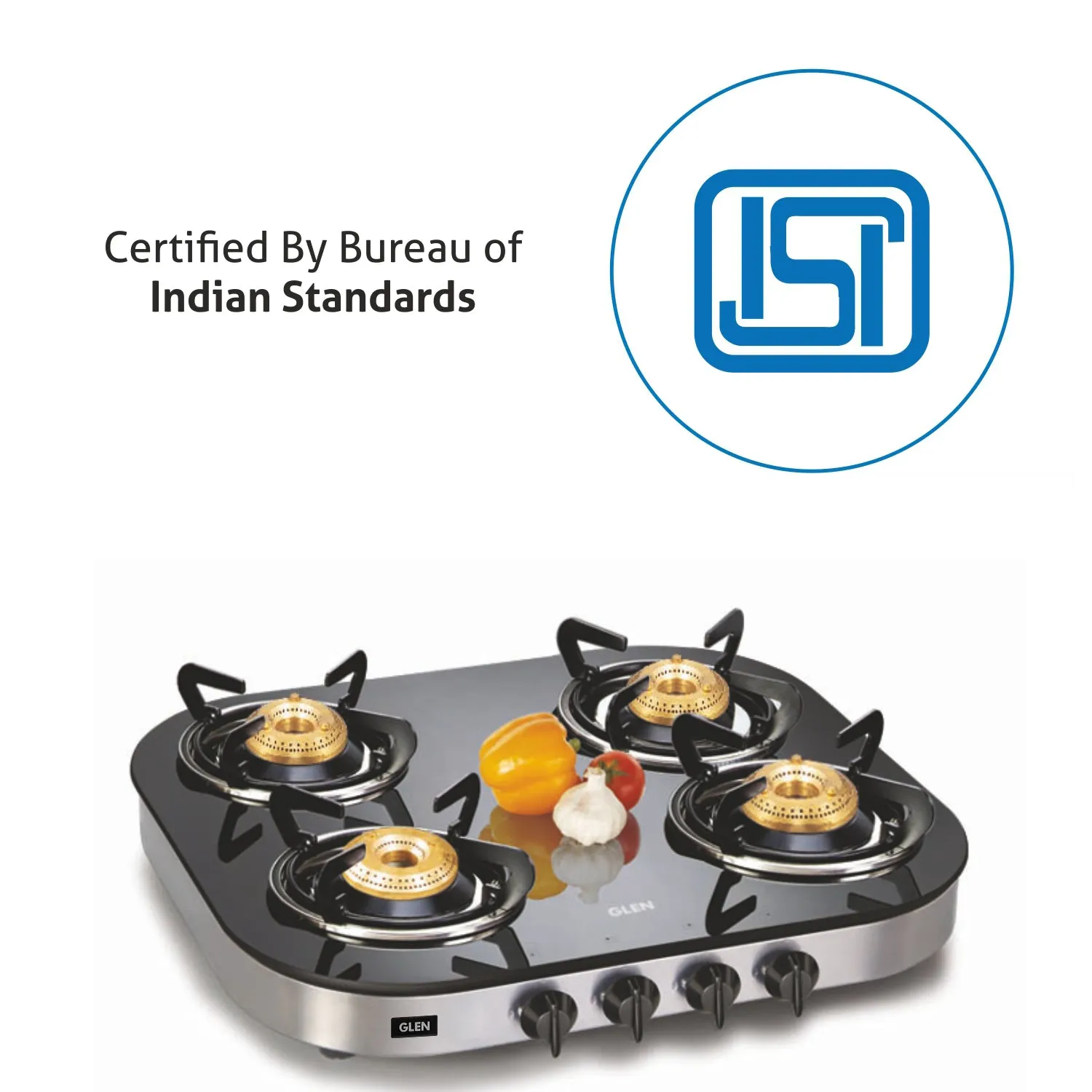 4 Burner Glass Gas Stove 1 High Flame 3  Brass Burner Round Corners (1046 GT) - Manual/Auto Ignition