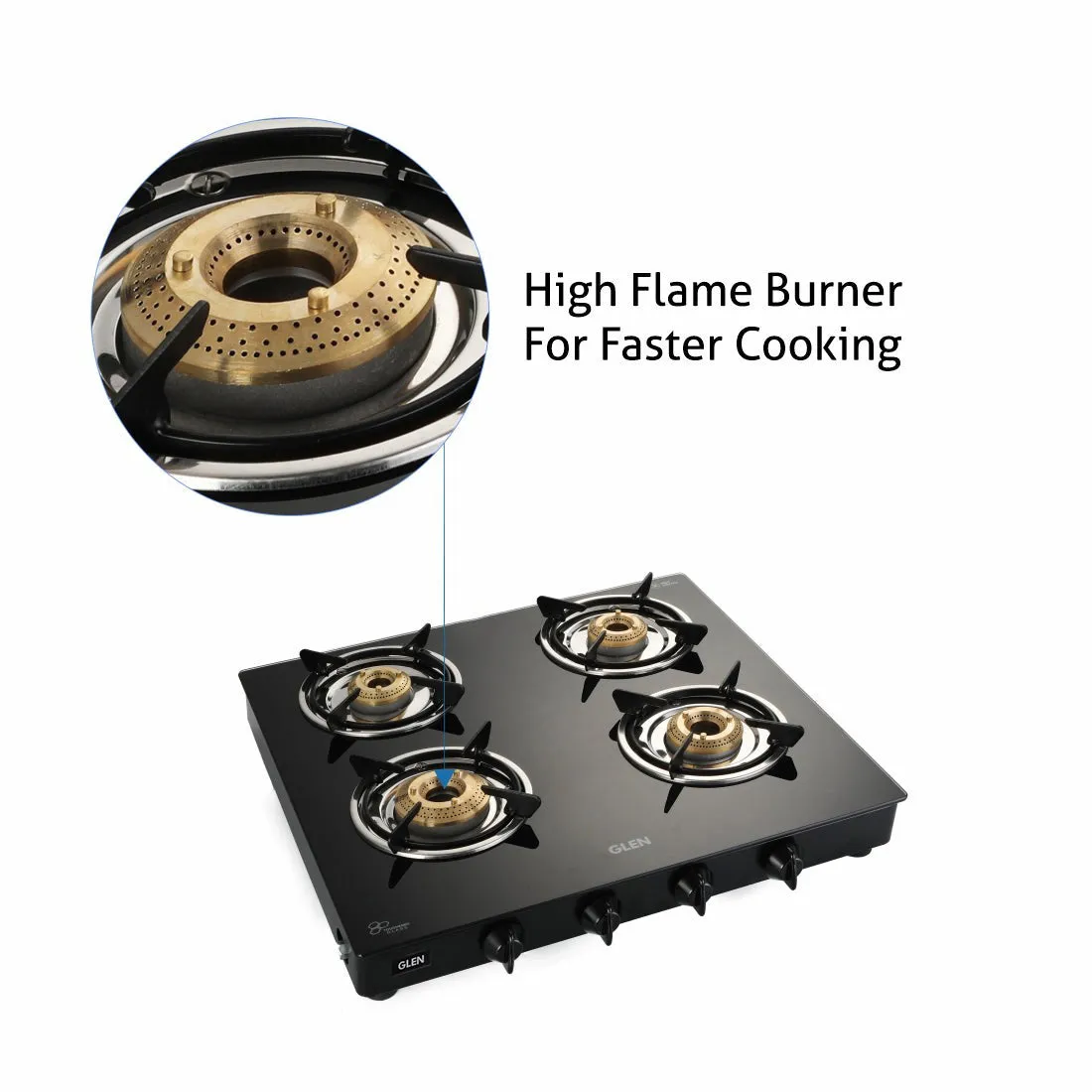 4 Burner Glass Gas Stove 1 High Flame 3 Brass Burners Black (1040 GTXL HF BB BL)