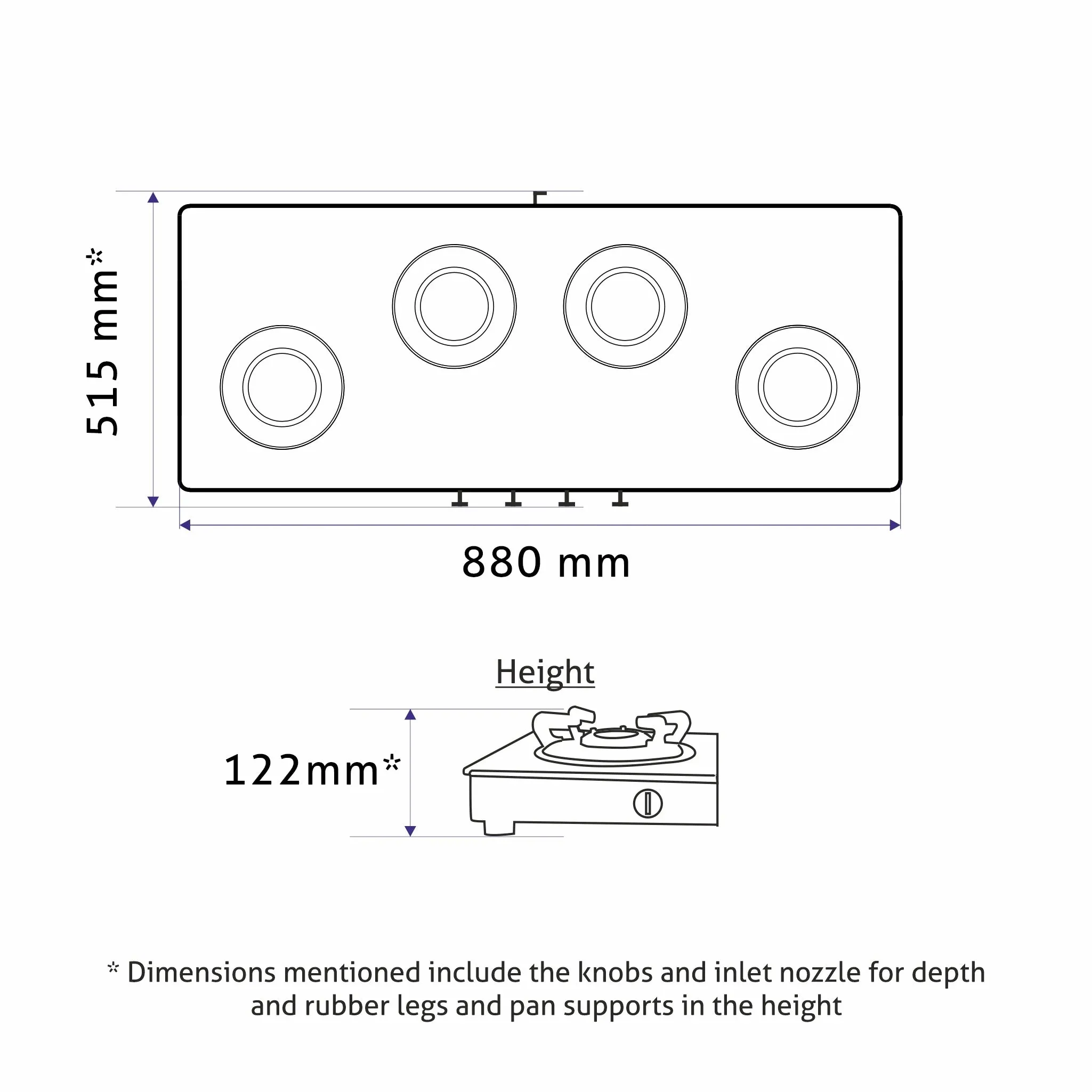 4 Burner Glass Gas Stove with High Flame Brass Burner and Crown Pan Supports (CT 1044 GT BB BL HF CP) - Manual/Auto Ignition