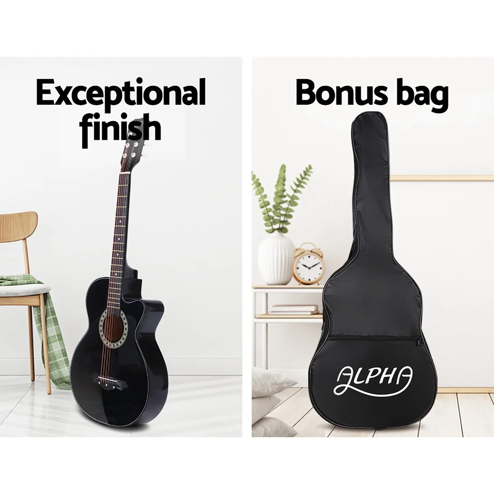 ALPHA 38 Inch Wooden Acoustic Guitar with Accessories set Black