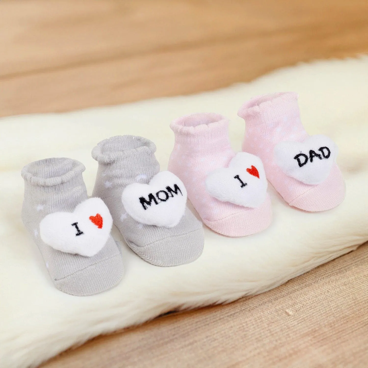 Baby Moo 3D I Love Maa And Paa Cotton Ankle Length Fancy Infant Gift Set of 2 Socks Booties - Grey, Pink