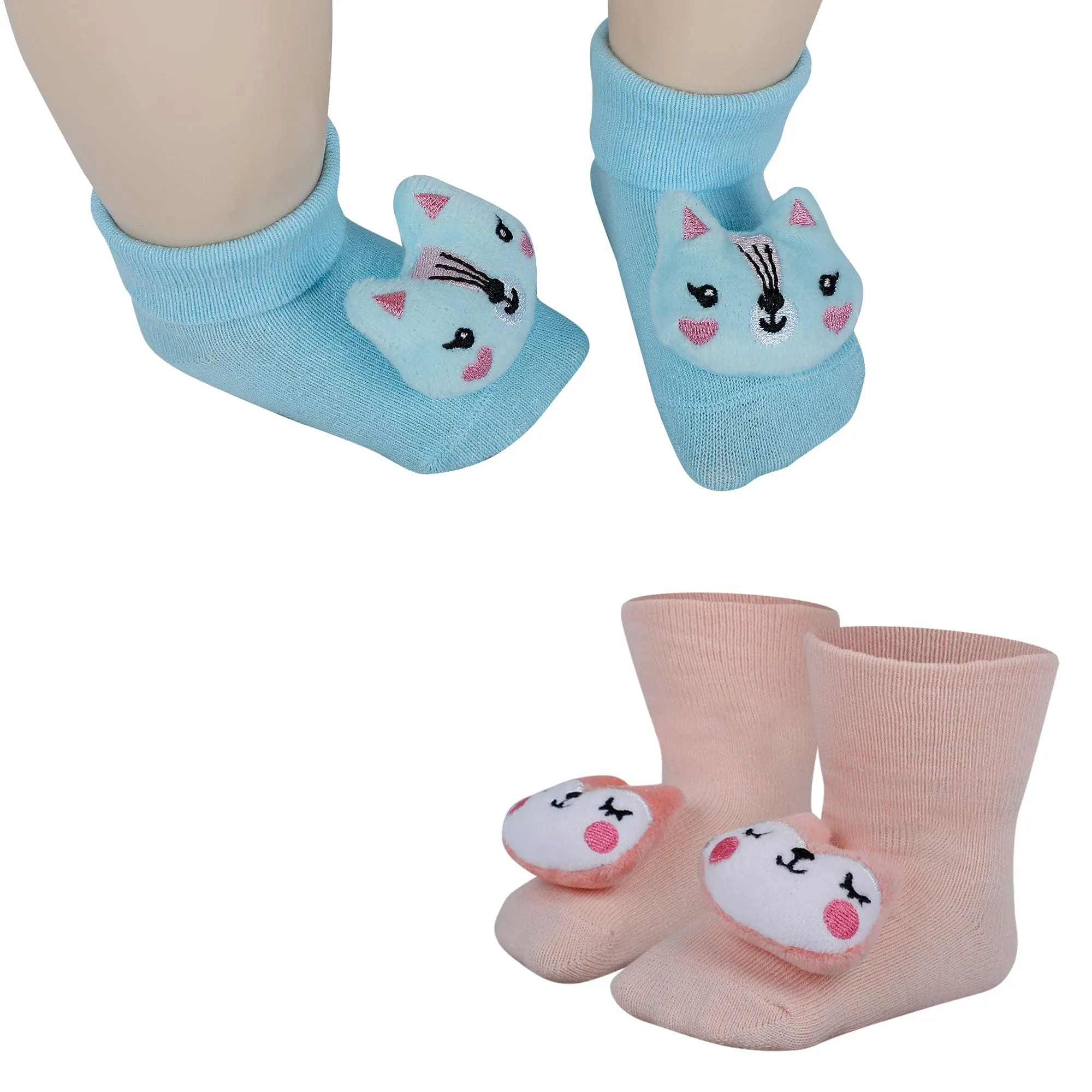 Baby Moo Animal 3D Rattle Anti-Skid Socks Booties Pack of 2 - Blue, Peach