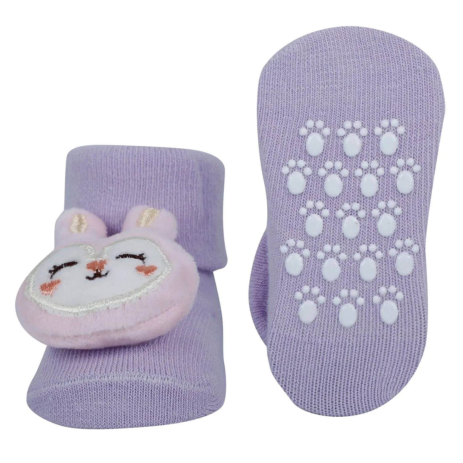 Baby Moo Bear And Bunny 3D Rattle Anti-Skid Socks Booties Pack of 2 - Pink, Purple