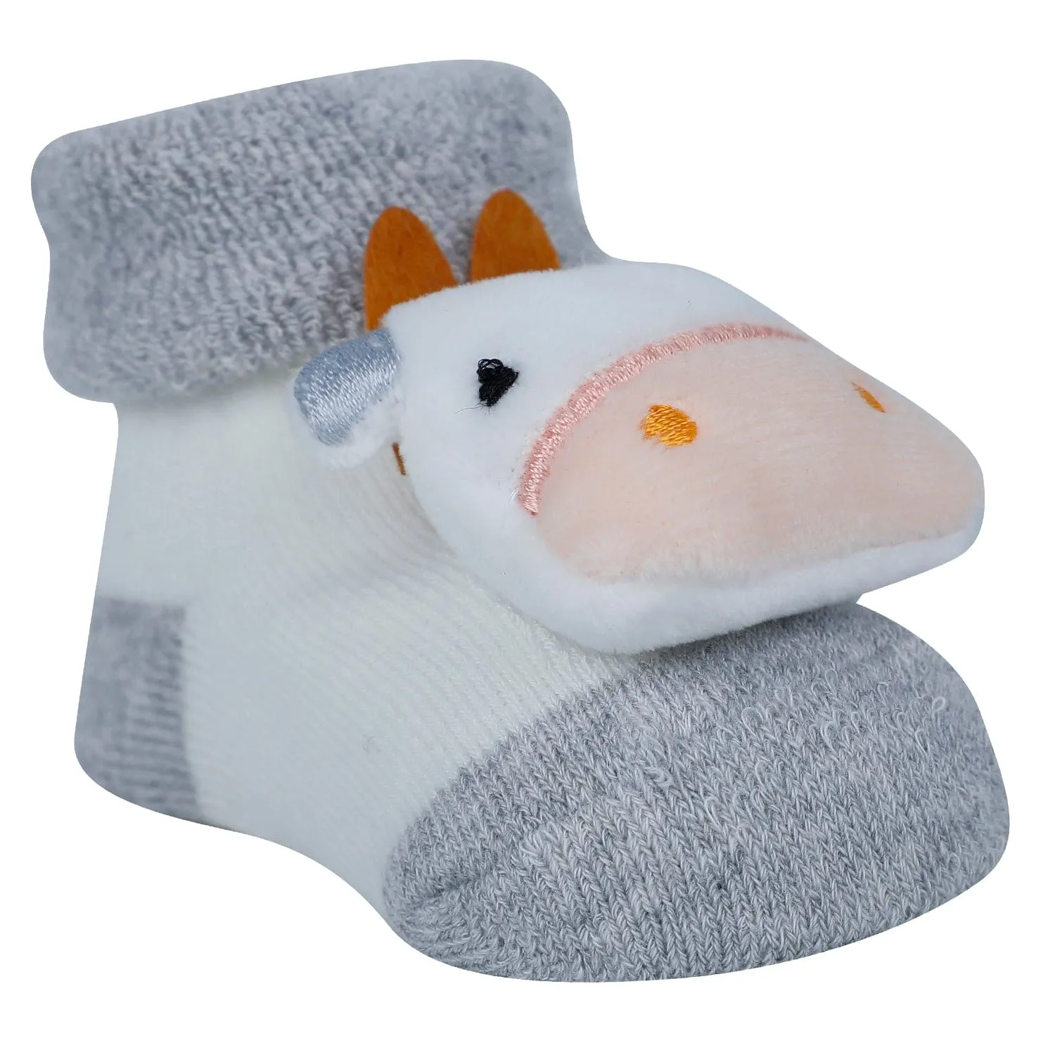 Baby Moo Bunny And Cow 3D Rattle Anti-Skid Socks Booties Pack of 2 - Green, Grey