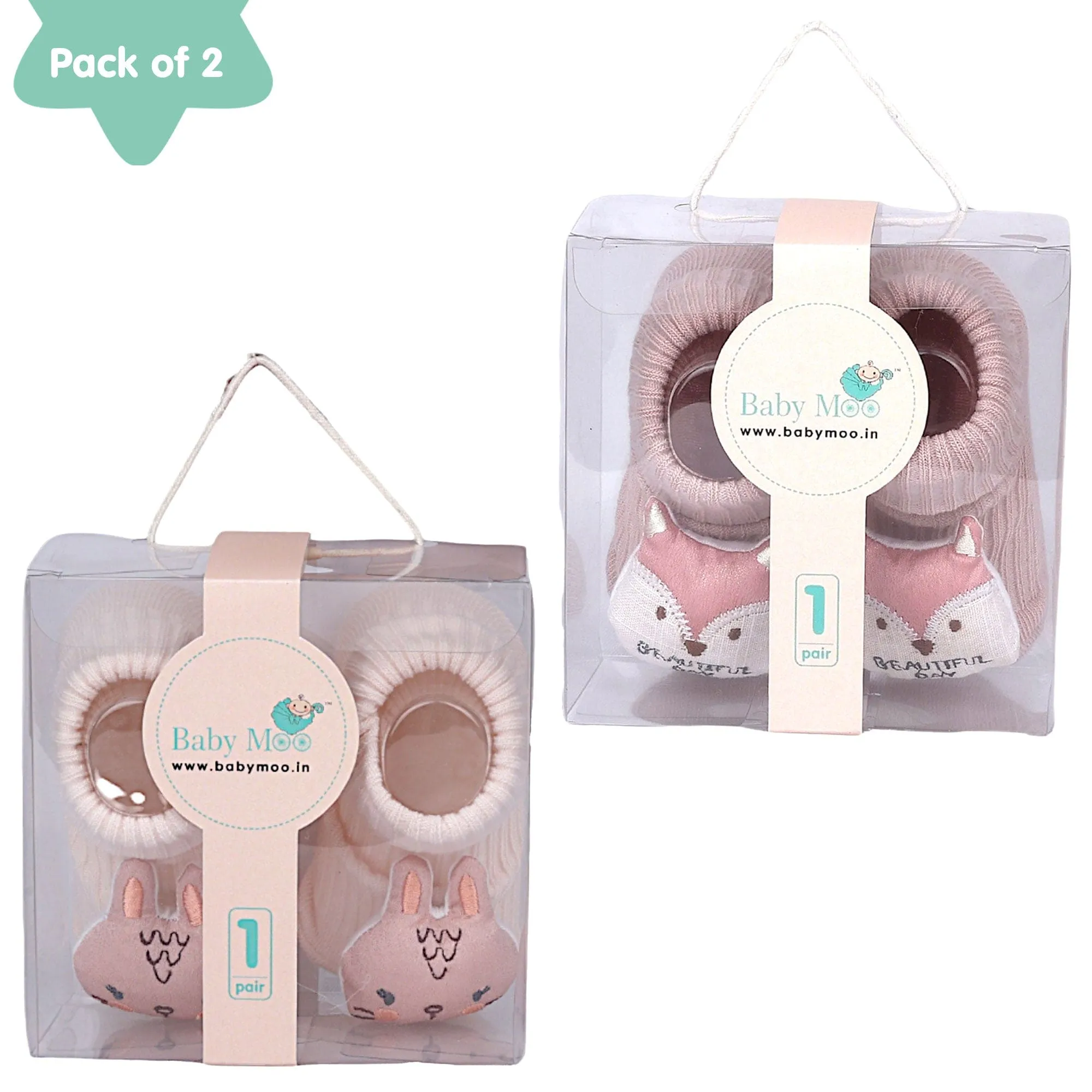 Baby Moo Bunny And Fox 3D Rattle Anti-Skid Socks Booties Pack of 2 - Peach, Rose Gold