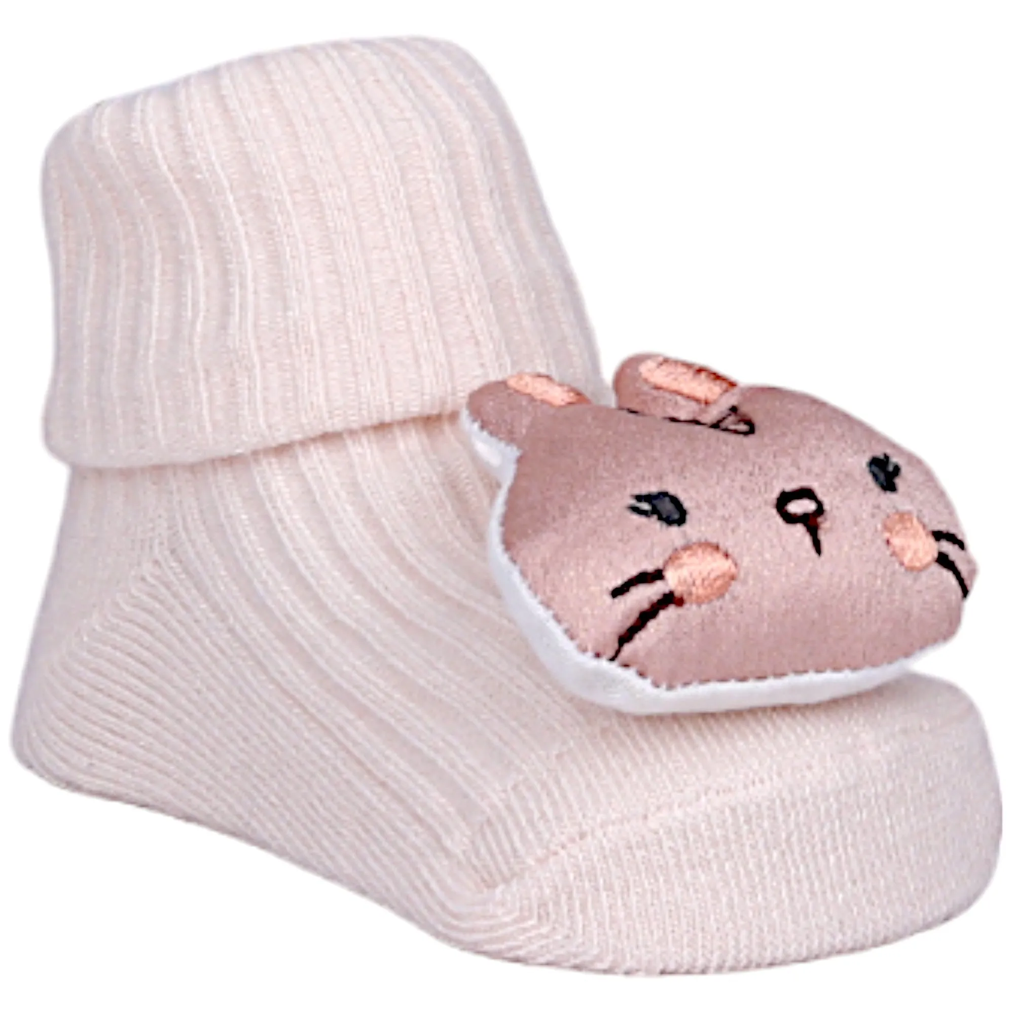 Baby Moo Bunny And Fox 3D Rattle Anti-Skid Socks Booties Pack of 2 - Peach, Rose Gold