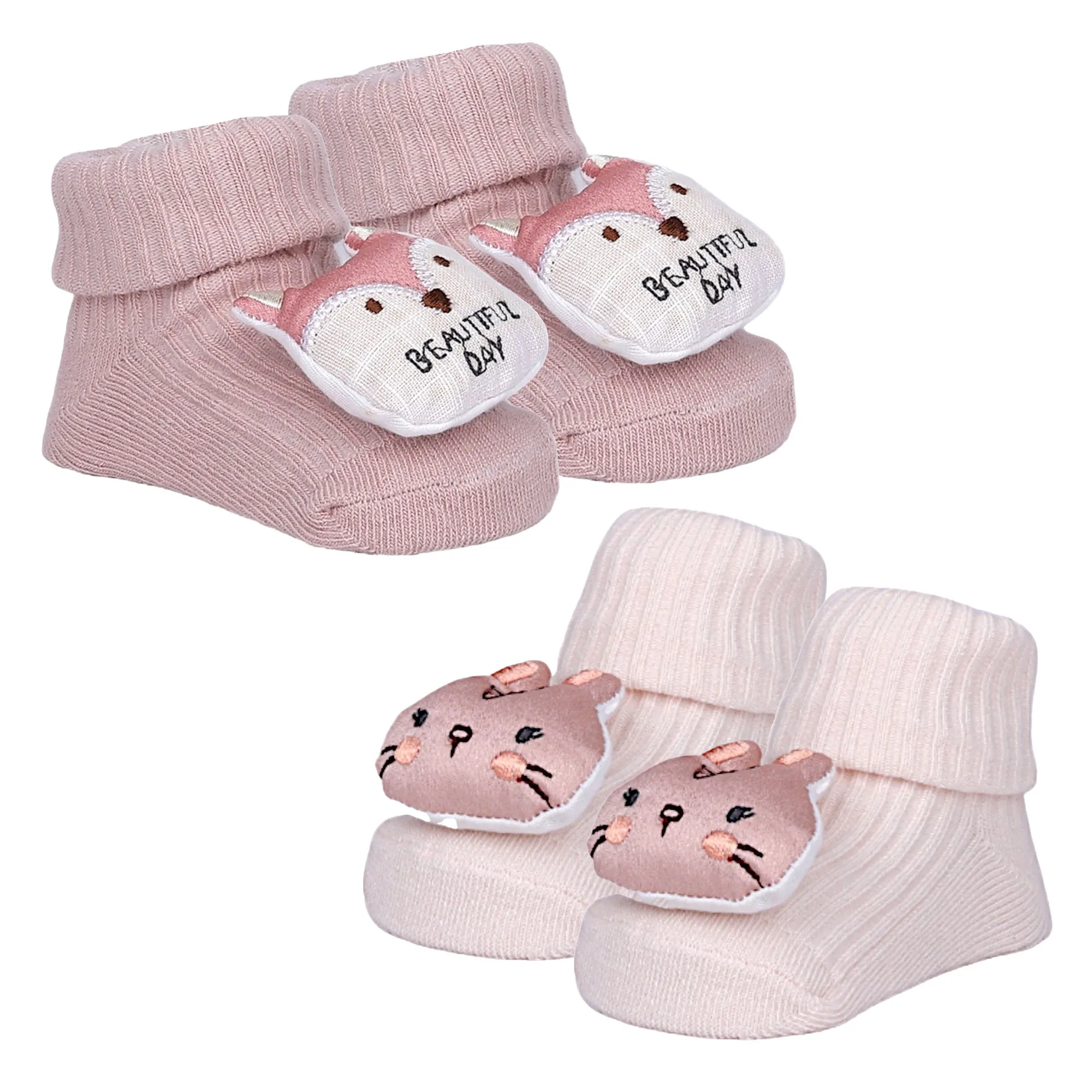 Baby Moo Bunny And Fox 3D Rattle Anti-Skid Socks Booties Pack of 2 - Peach, Rose Gold