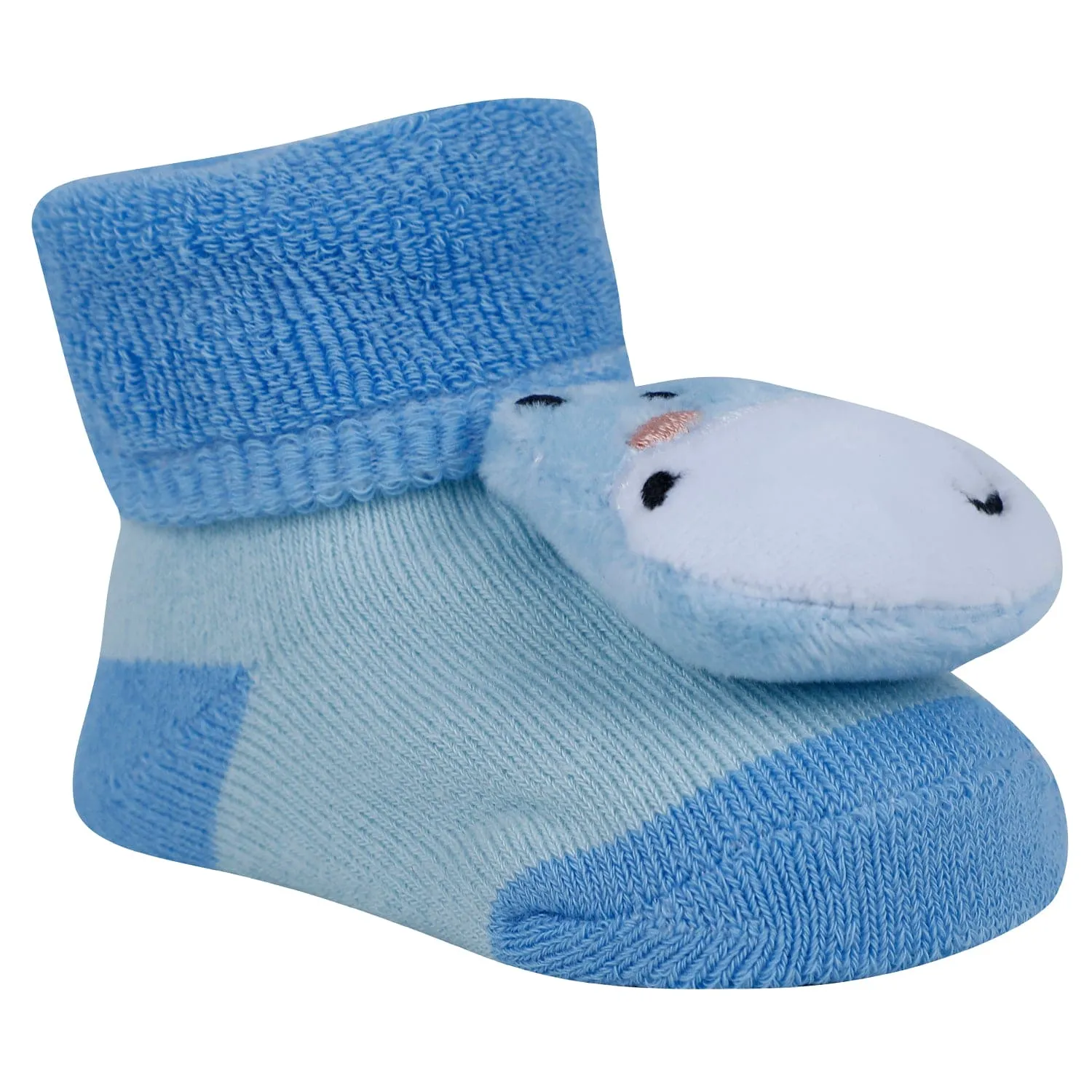 Baby Moo Cat And Hippo 3D Rattle Anti-Skid Socks Booties Pack of 2 - Yellow, Blue