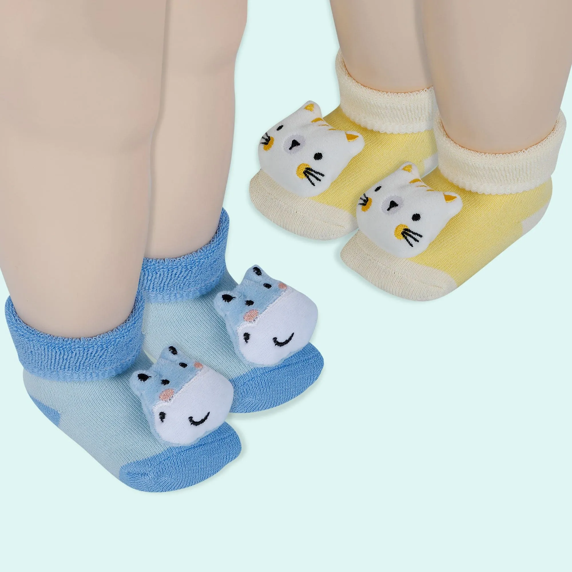 Baby Moo Cat And Hippo 3D Rattle Anti-Skid Socks Booties Pack of 2 - Yellow, Blue