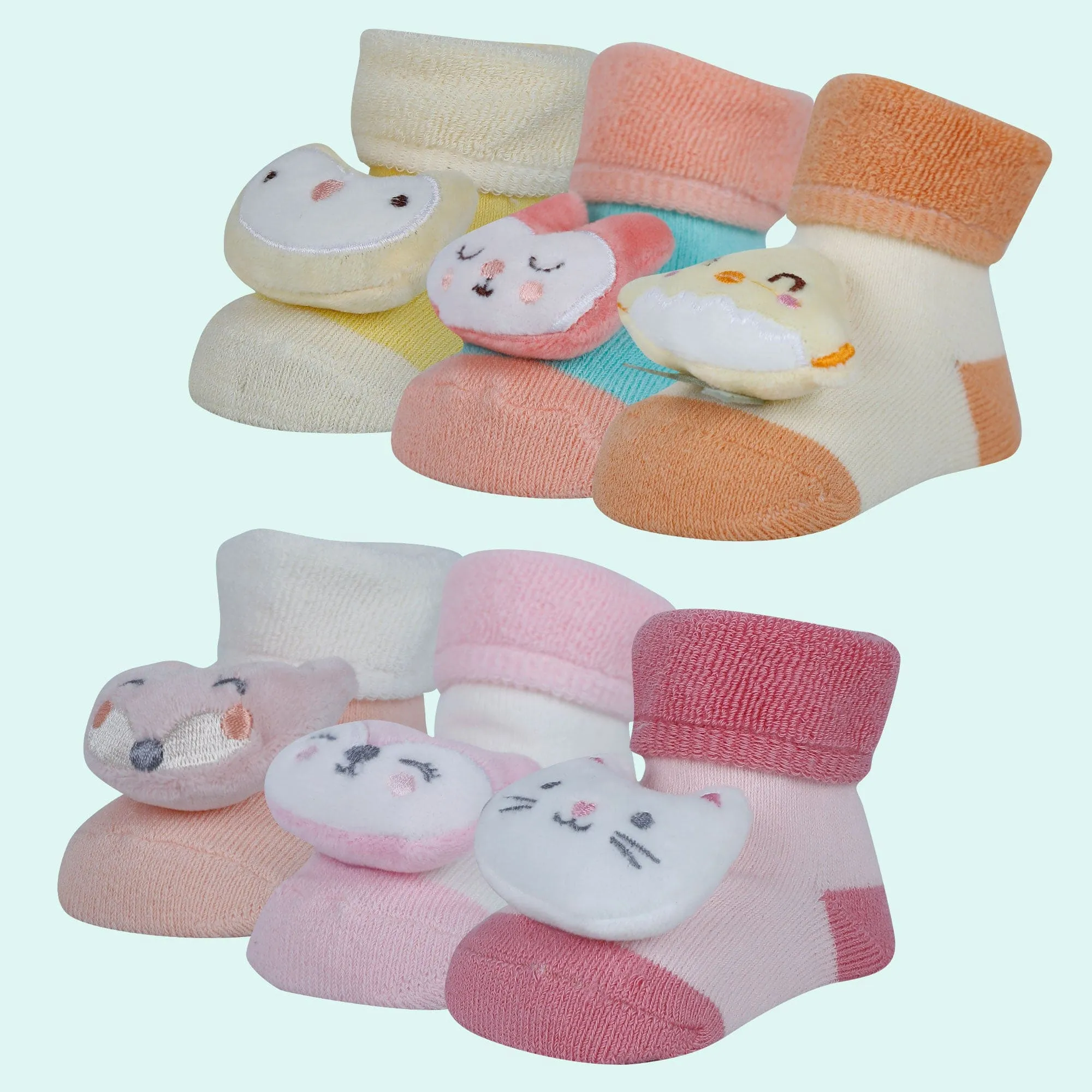 Baby Moo Kitty 3D Rattle Anti-Skid Socks Booties Pack of 6 - Pink