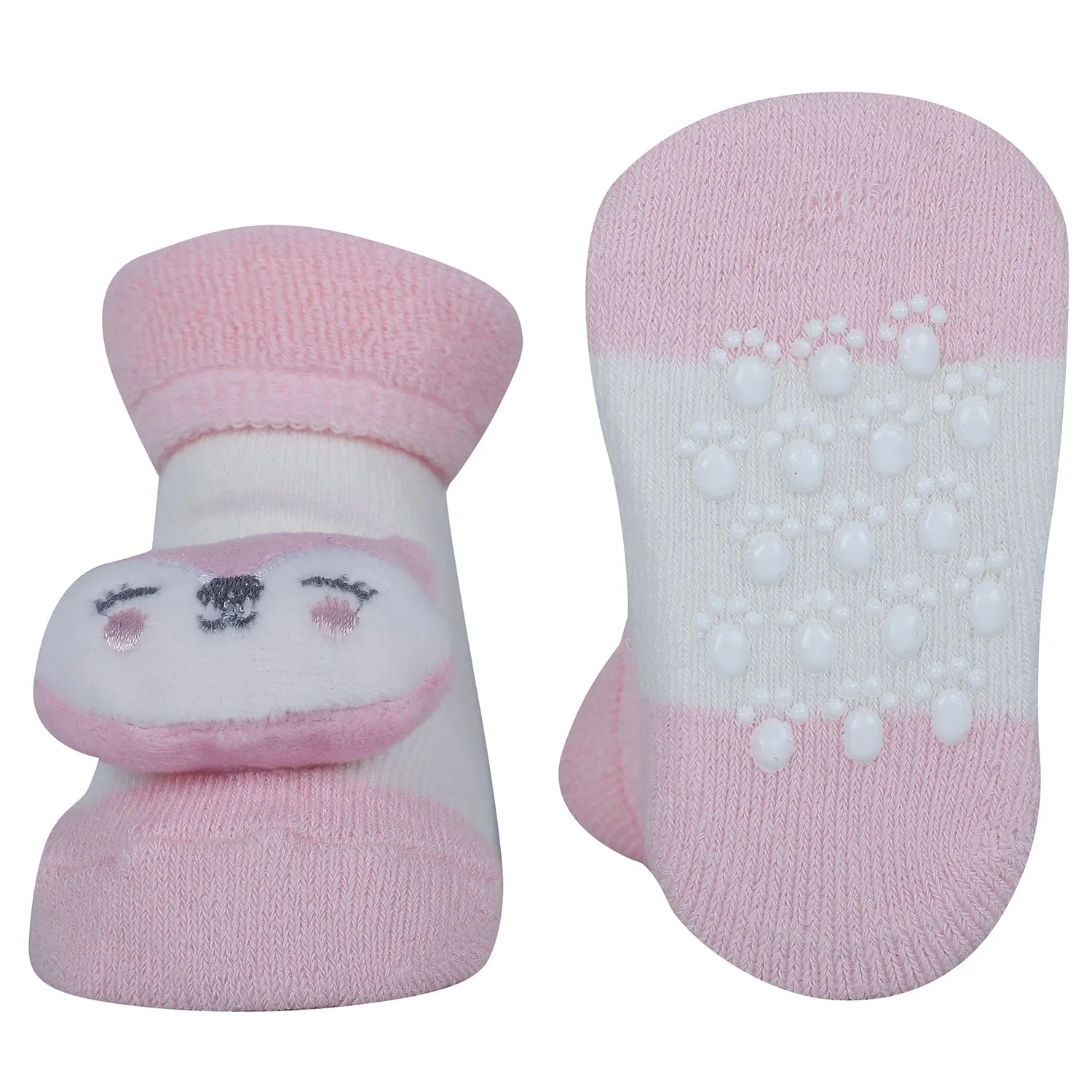 Baby Moo Owl 3D Rattle Anti-Skid Socks Booties Pack of 2 - Yellow, Pink