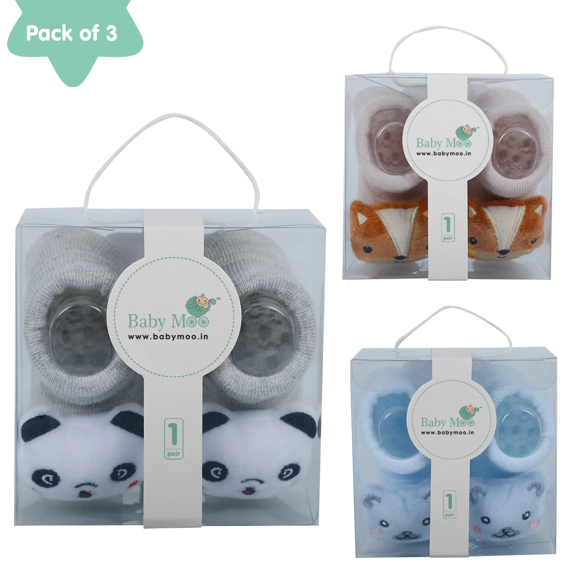 Baby Moo Panda Bear Fox 3D Rattle Anti-Skid Socks Booties Pack of 3 - Multicolour