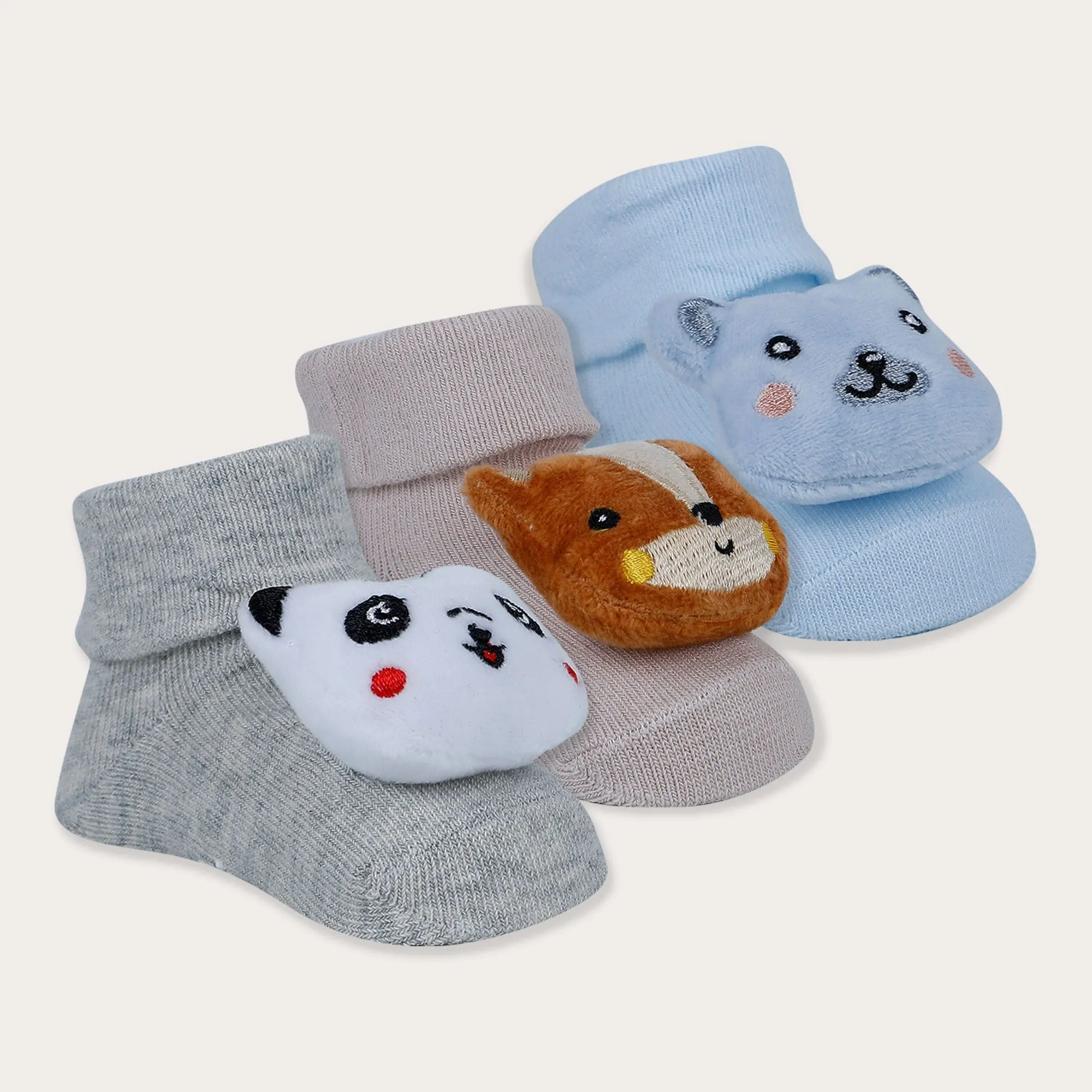 Baby Moo Panda Bear Fox 3D Rattle Anti-Skid Socks Booties Pack of 3 - Multicolour