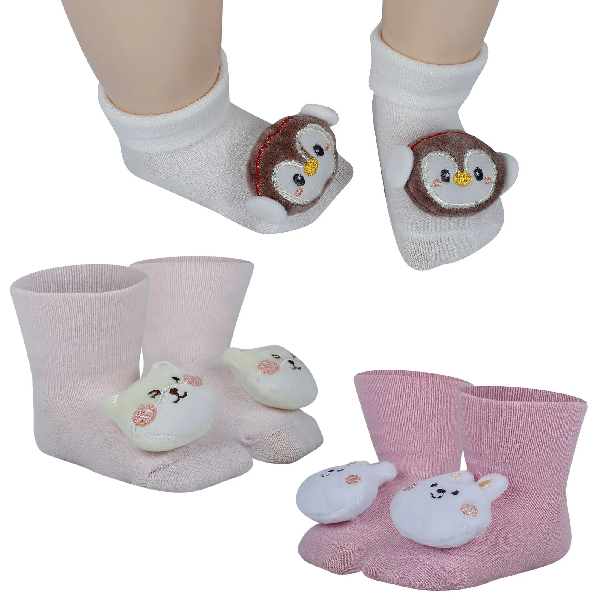 Baby Moo Penguin Cat Bunny 3D Rattle Anti-Skid Socks Booties Pack of 3 - Pink