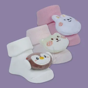 Baby Moo Penguin Cat Bunny 3D Rattle Anti-Skid Socks Booties Pack of 3 - Pink