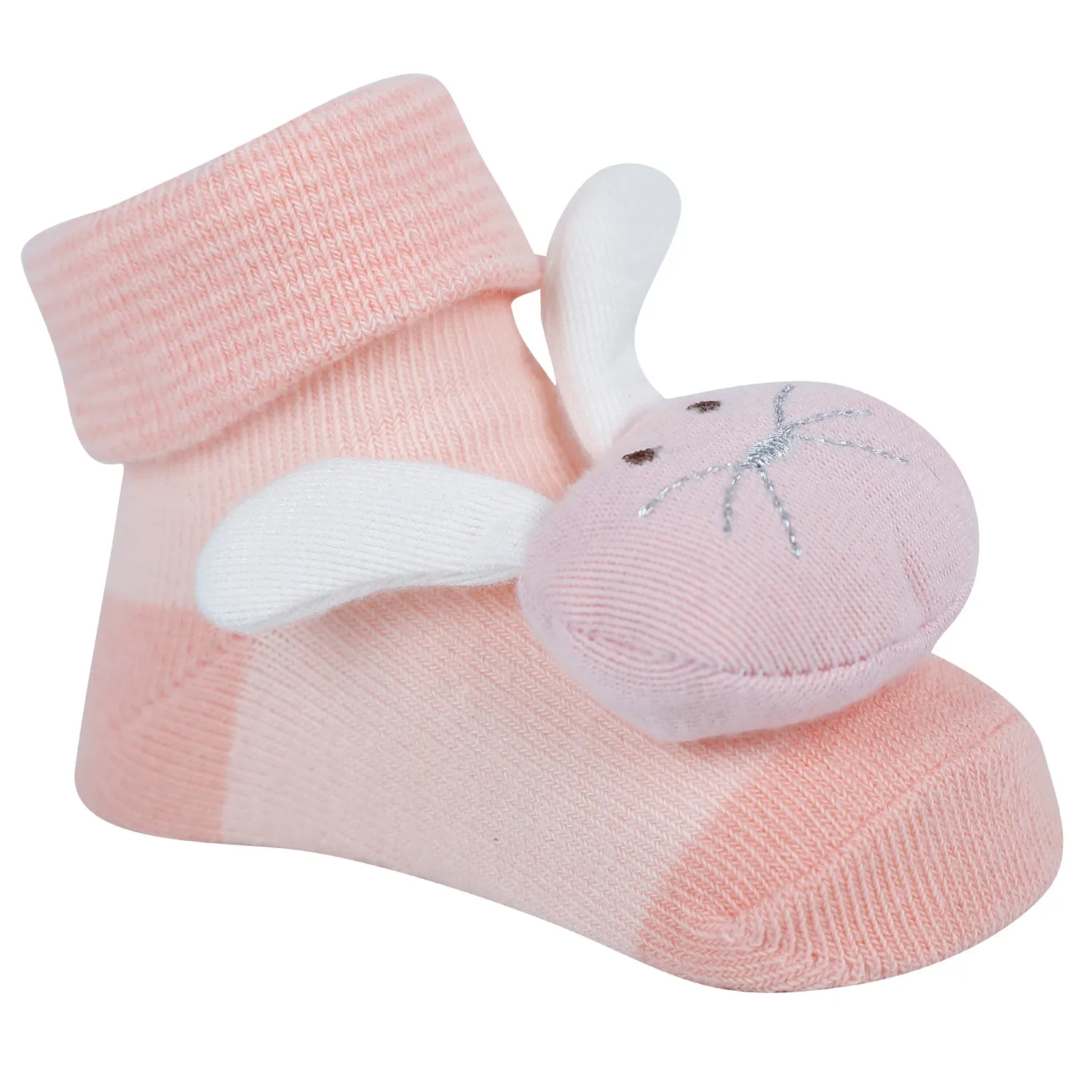 Baby Moo Rabbit 3D Rattle Anti-Skid Socks Booties Pack of 2 - Pink, Peach