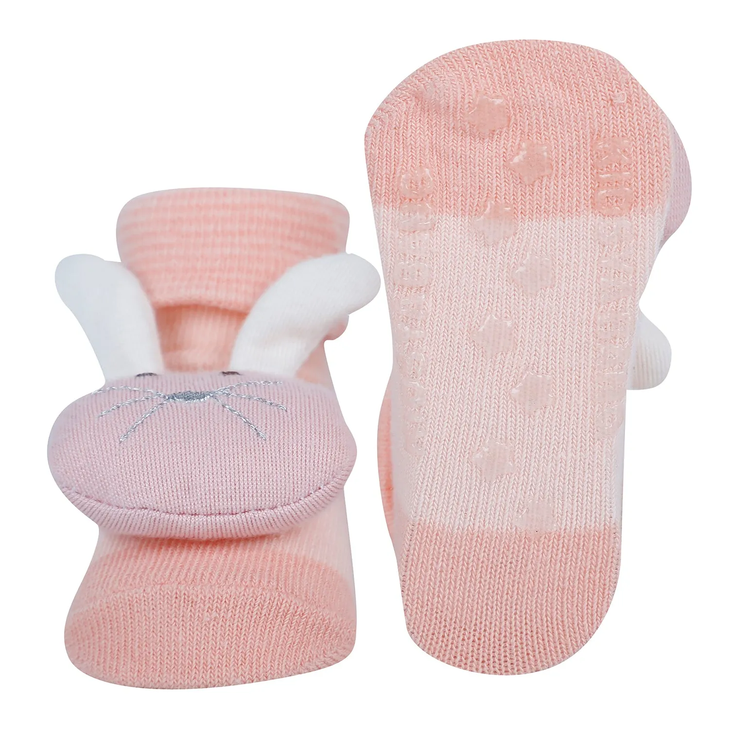 Baby Moo Rabbit 3D Rattle Anti-Skid Socks Booties Pack of 2 - Pink, Peach