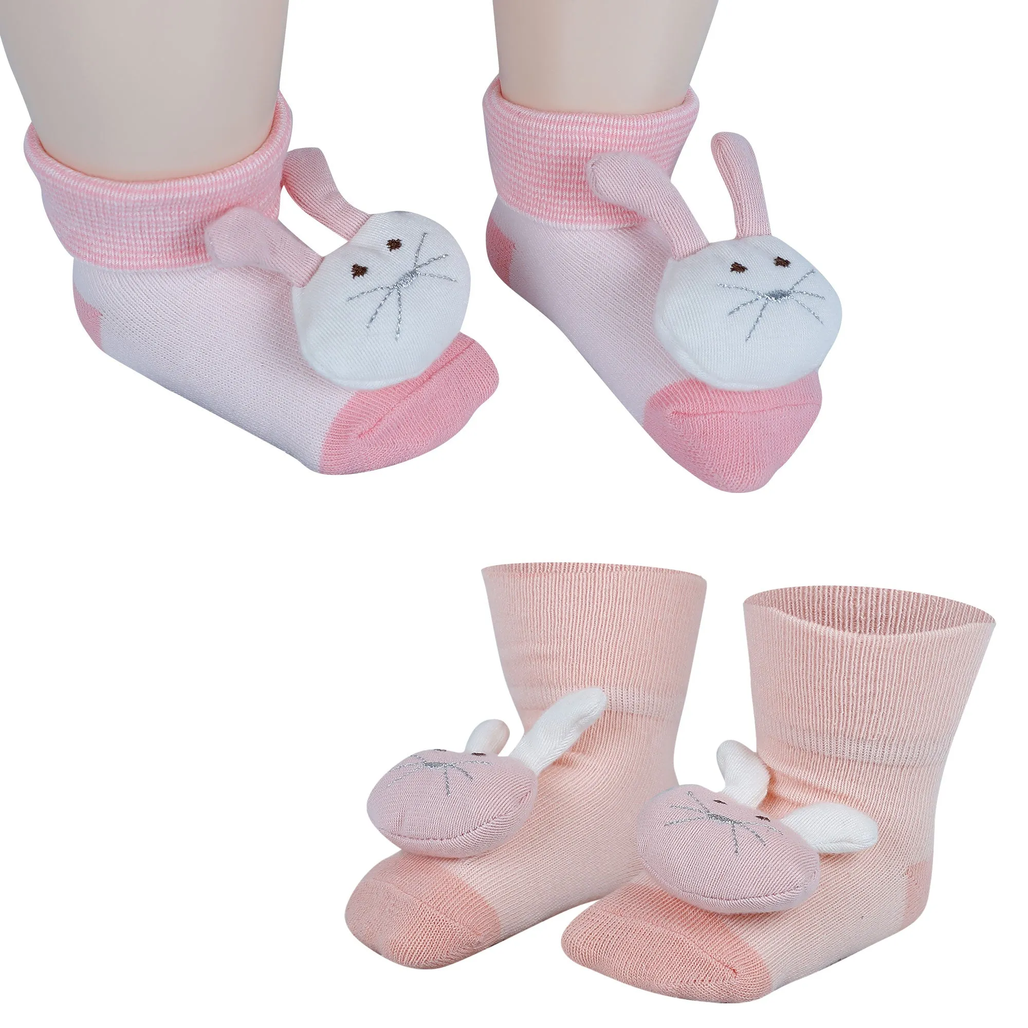 Baby Moo Rabbit 3D Rattle Anti-Skid Socks Booties Pack of 2 - Pink, Peach