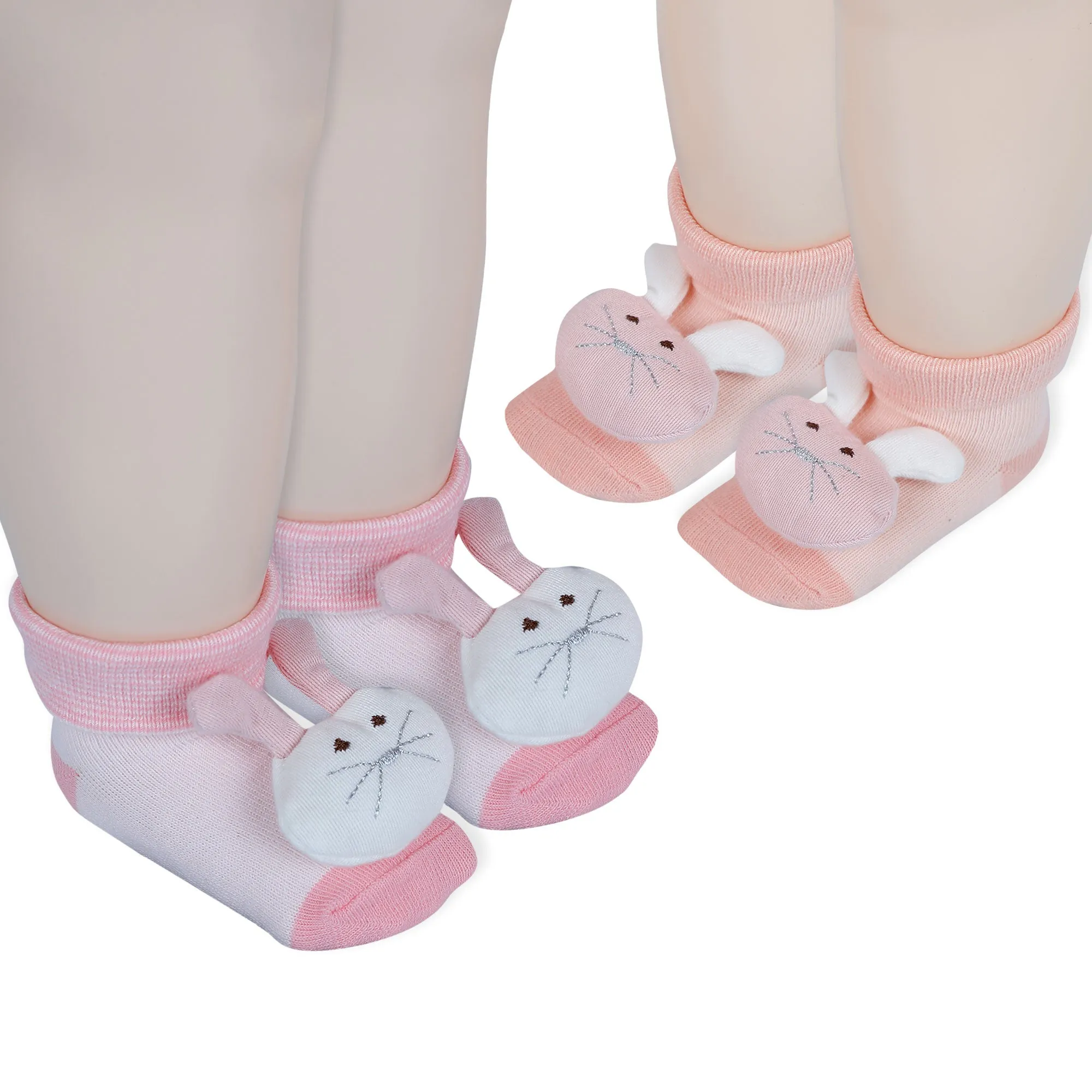 Baby Moo Rabbit 3D Rattle Anti-Skid Socks Booties Pack of 2 - Pink, Peach