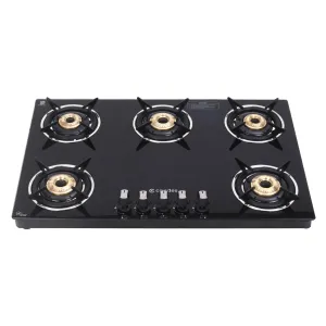 Candes 5 Burner Hob Top with Premium Brass Plated Burner Gas Stove | 6mm Toughened Glass Top-Hob | Manual Ignition | Nylon Knob | LPG Compatible | ISI Certified | 1 Year Warranty | Black