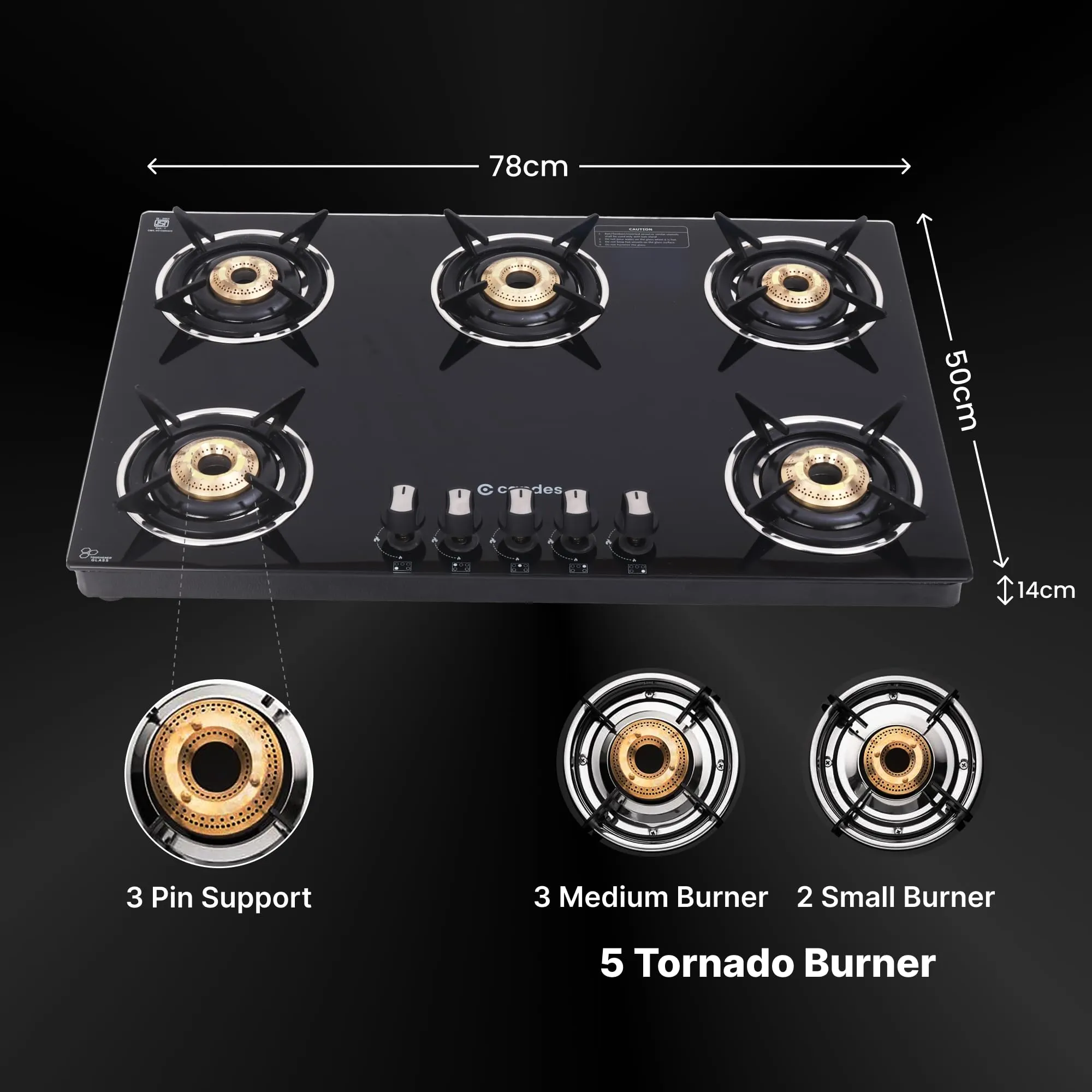 Candes 5 Burner Hob Top with Premium Brass Plated Burner Gas Stove | 6mm Toughened Glass Top-Hob | Manual Ignition | Nylon Knob | LPG Compatible | ISI Certified | 1 Year Warranty | Black