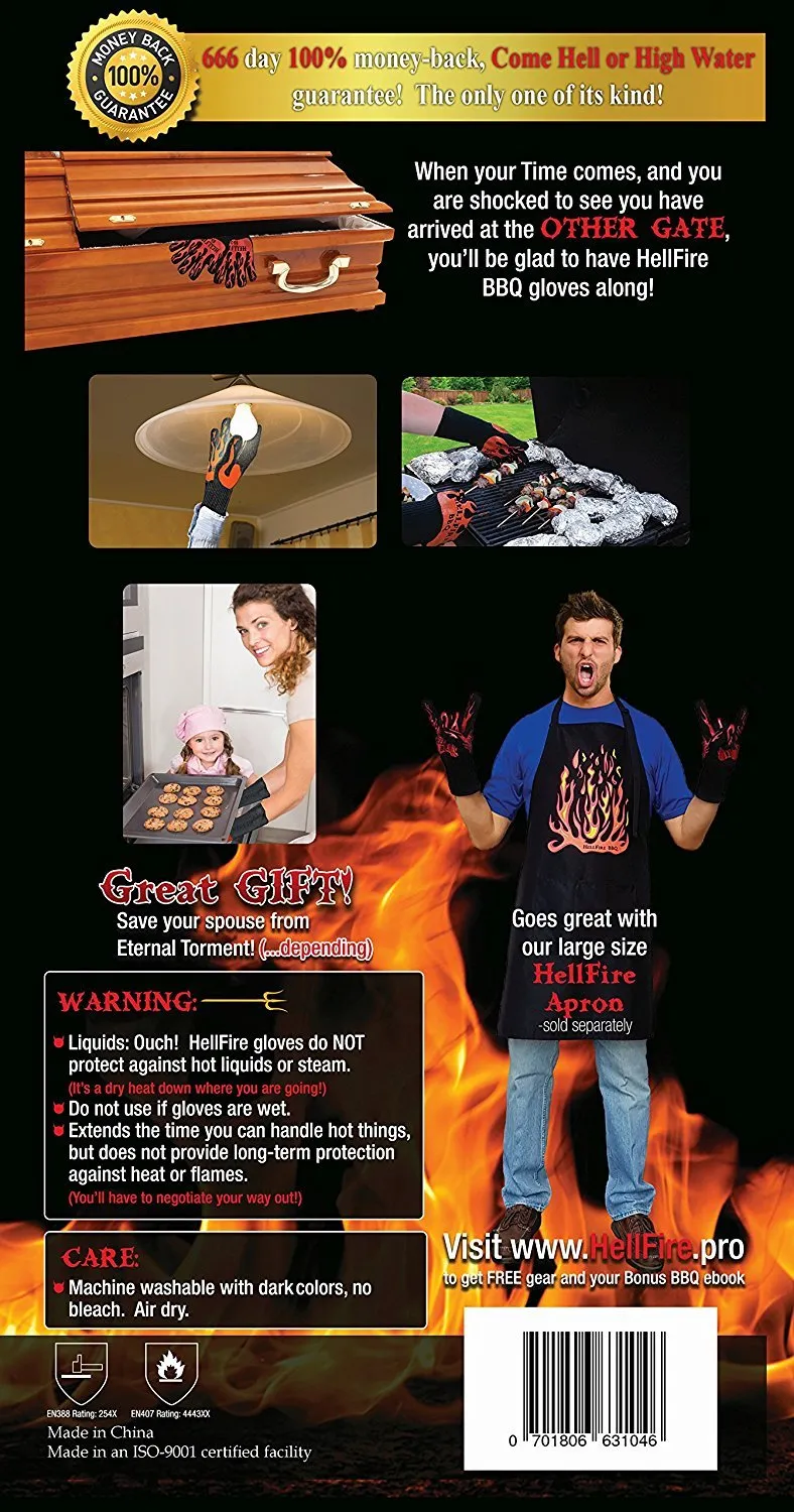 HellFire BBQ and Ove Gloves are Extremely Flame and Heat Resistant Barbecue Mitts with Silicone Fingers for Grilling, Smoker, Pit, Fireplace, Camping, or Kitchen Oven - EN407 Rated to 932 Fahrenheit