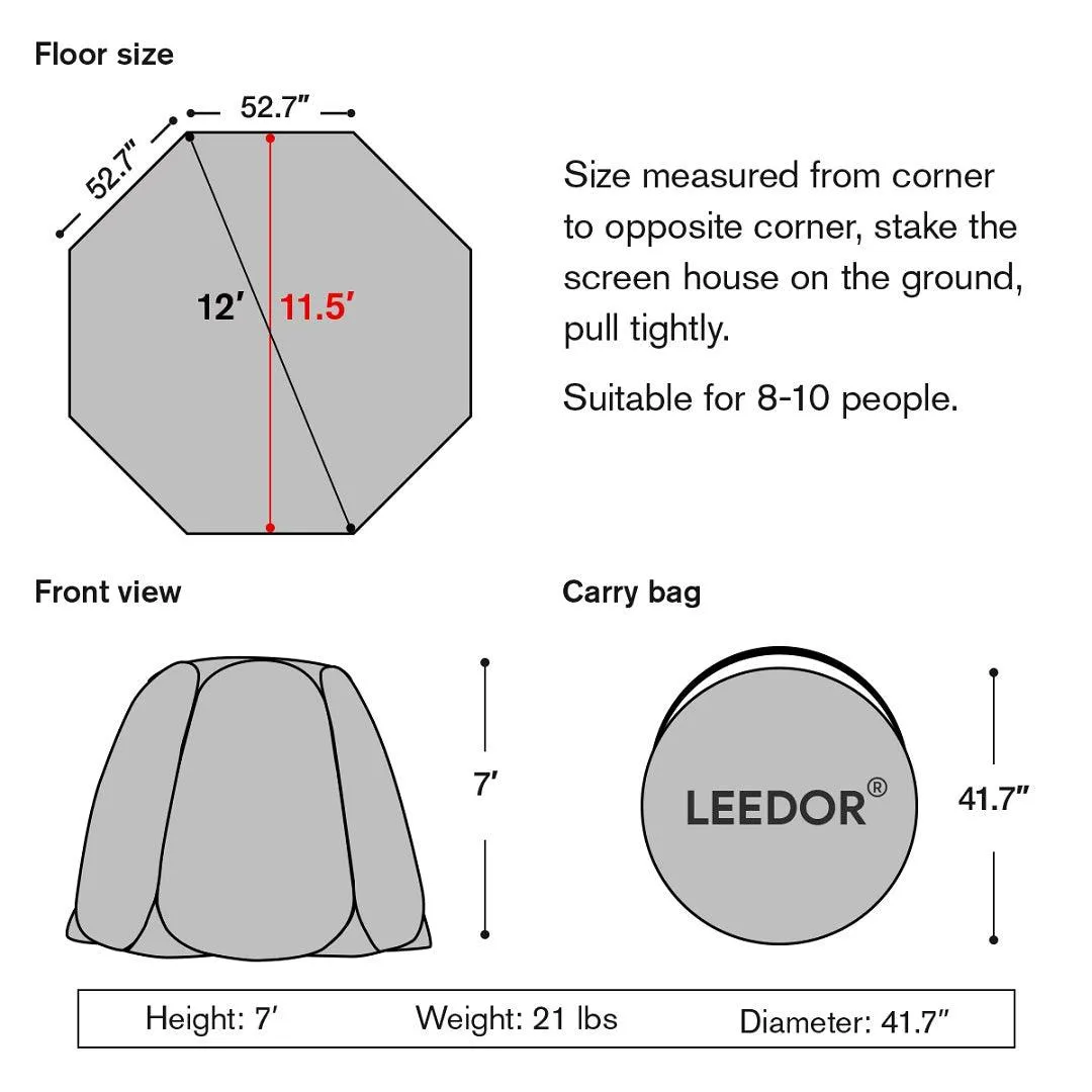 Leedor 12'x12' Gazebos for Patios Screen House Room 8-10 Person Canopy Mosquito Net Camping Tent Pop Up Sun Shade Shelter