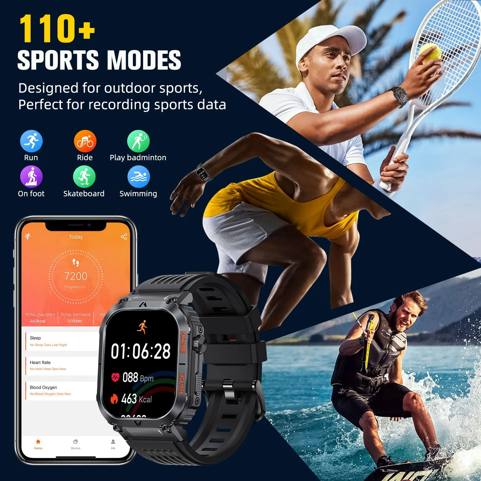 Military Smart Watch for Men (Call Receive/Dial) 2.02" HD Always On Display 5ATM Waterproof Rugged Tactical Smartwatch with Compass Fitness Watch with Heart Rate Blood Pressure Monitor for Android iOS