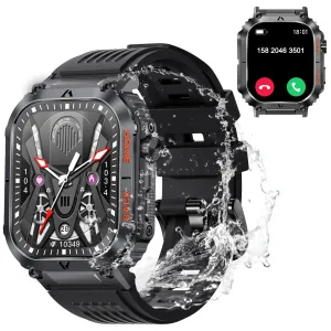 Military Smart Watch for Men (Call Receive/Dial) 2.02" HD Always On Display 5ATM Waterproof Rugged Tactical Smartwatch with Compass Fitness Watch with Heart Rate Blood Pressure Monitor for Android iOS