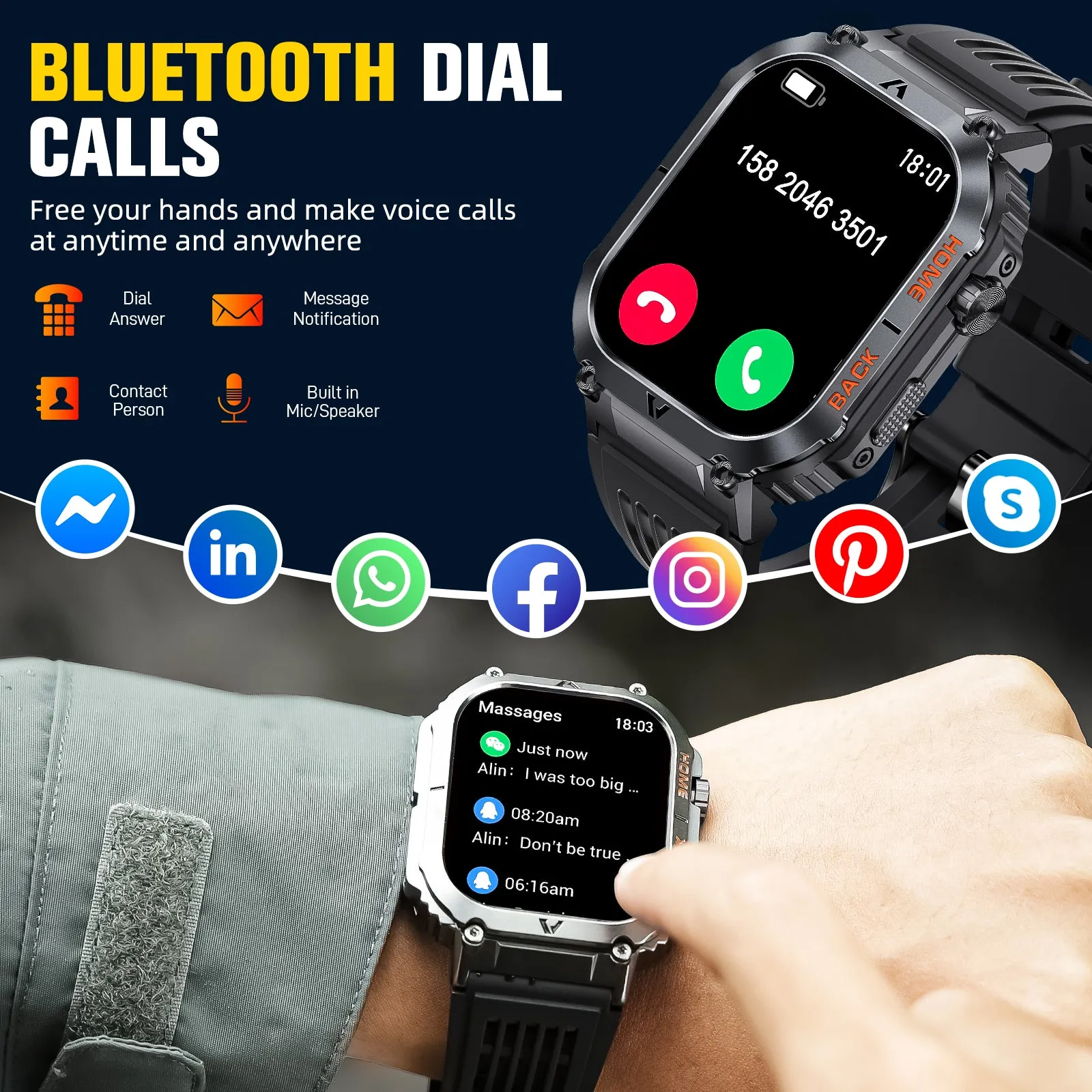 Military Smart Watch for Men (Call Receive/Dial) 2.02" HD Always On Display 5ATM Waterproof Rugged Tactical Smartwatch with Compass Fitness Watch with Heart Rate Blood Pressure Monitor for Android iOS