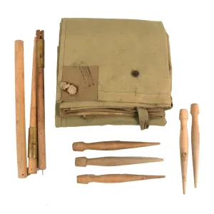 Unissued Original U.S. WWI M1910 Shelter Half with Matching Early Pattern Collapsible Tent Pole and Pegs - Perfect for Collectors and Outdoor Enthusiasts