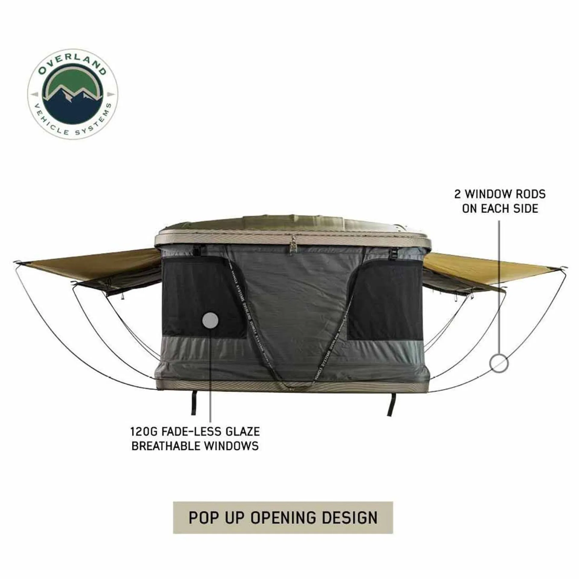 Overland Vehicle Systems HD Bundu Pop Up Hard Shell Roof Top Tent, Grey Body & Green Trim