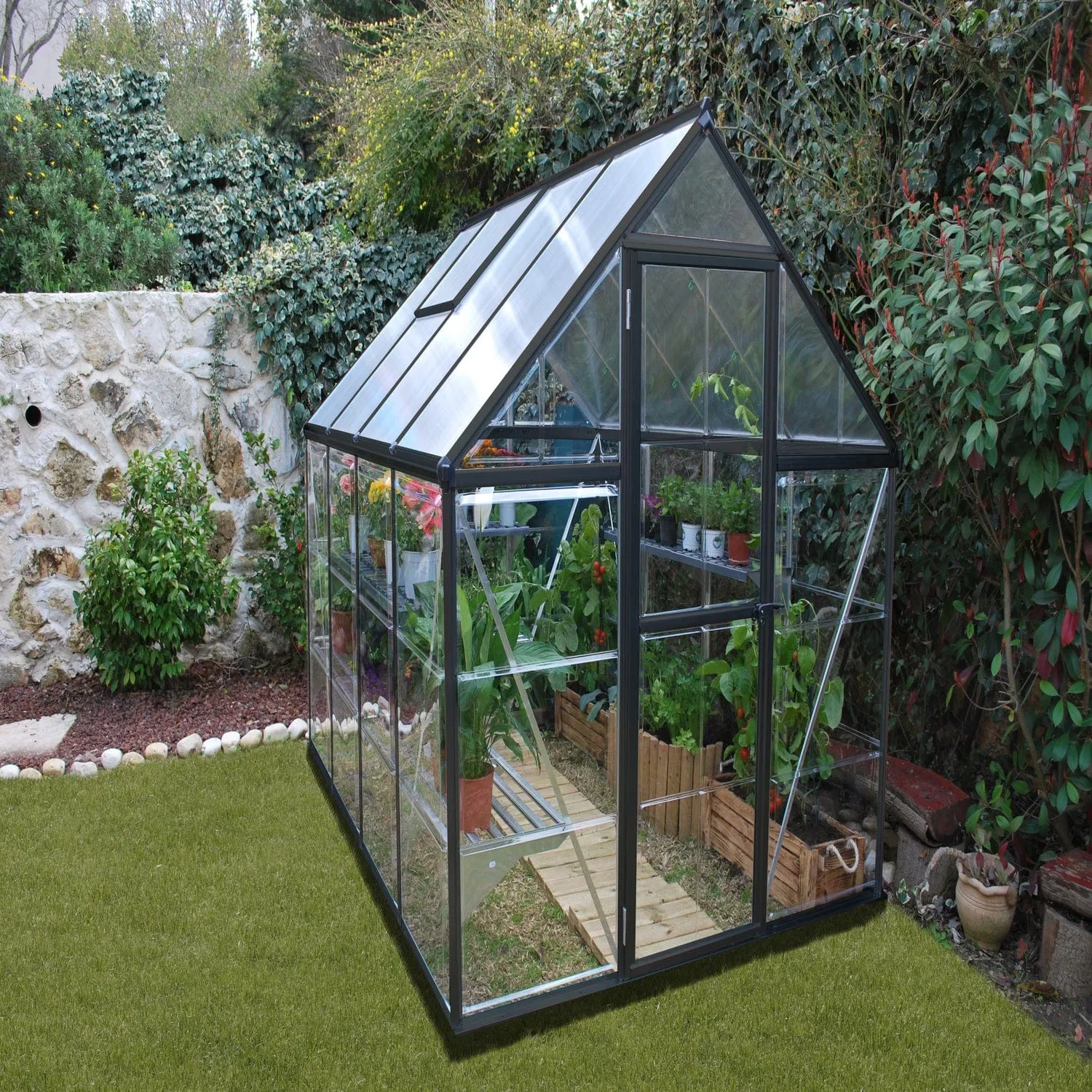 Palram - Canopia | 6x8 Ft Hybrid Greenhouse Kit - Gray With 0.8mm Polycarbonate Glazing