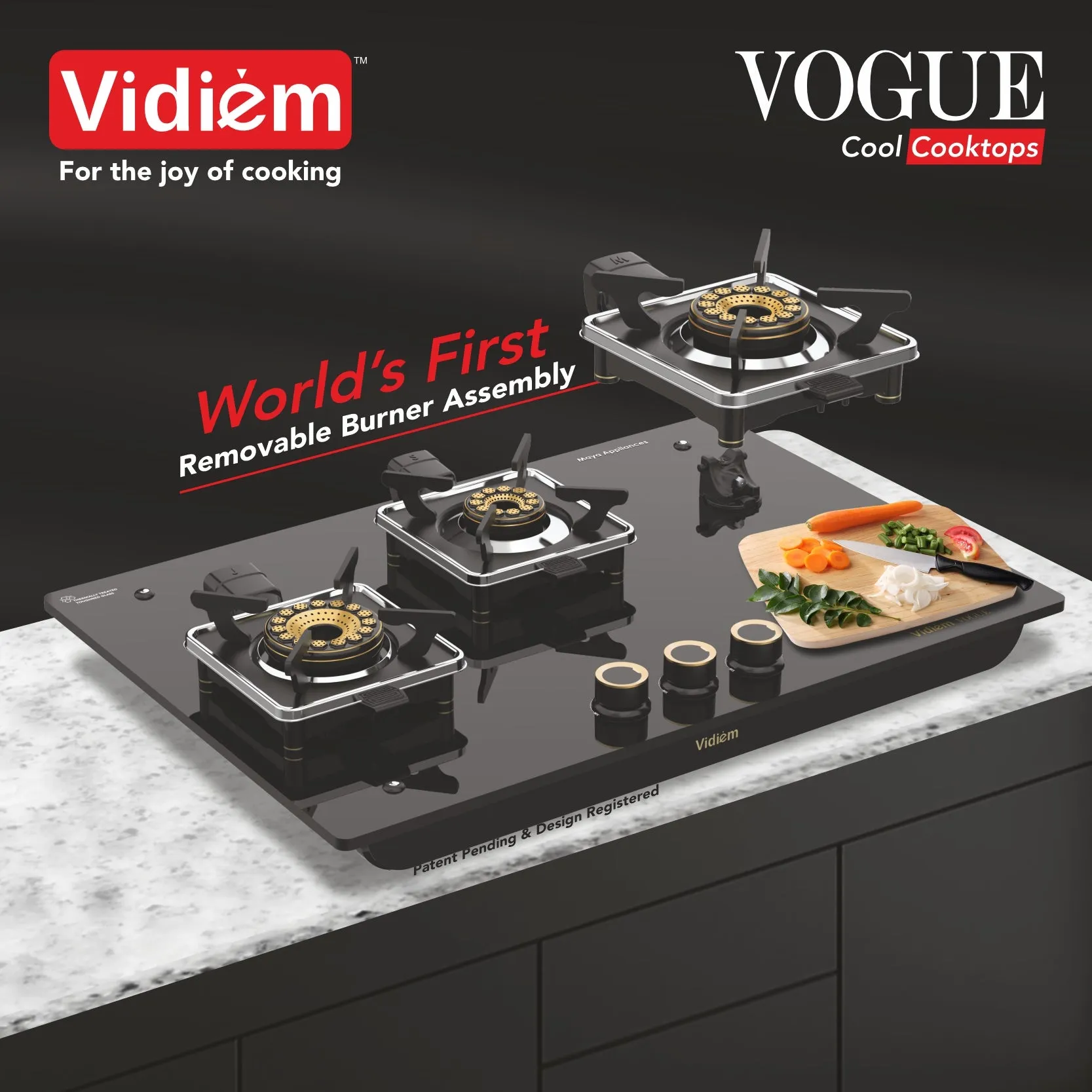 Vidiem VOGUE 3-Burner Gas Cooktop/Hob With Fully Removable Burner Assembly