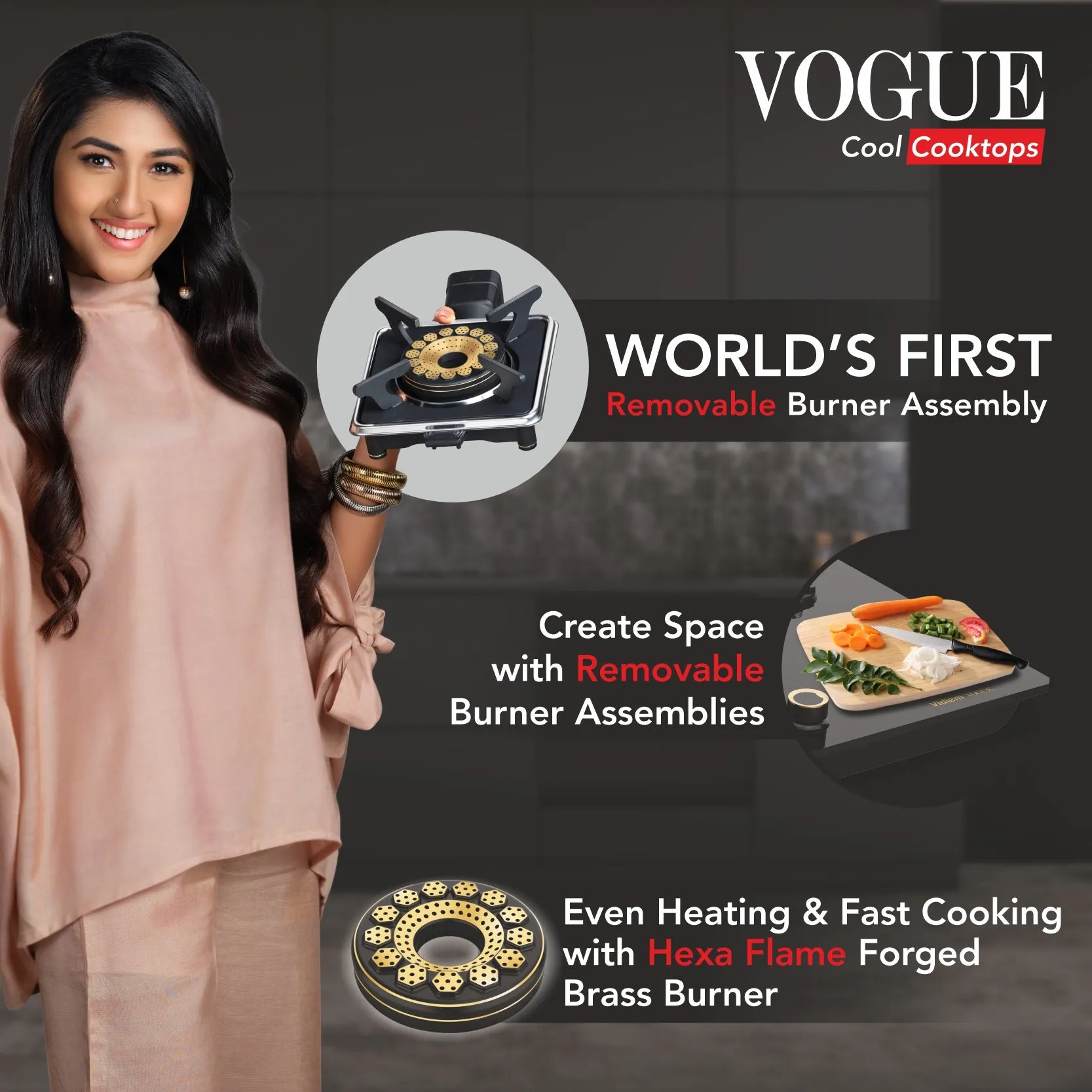 Vidiem VOGUE 3-Burner Gas Cooktop/Hob With Fully Removable Burner Assembly