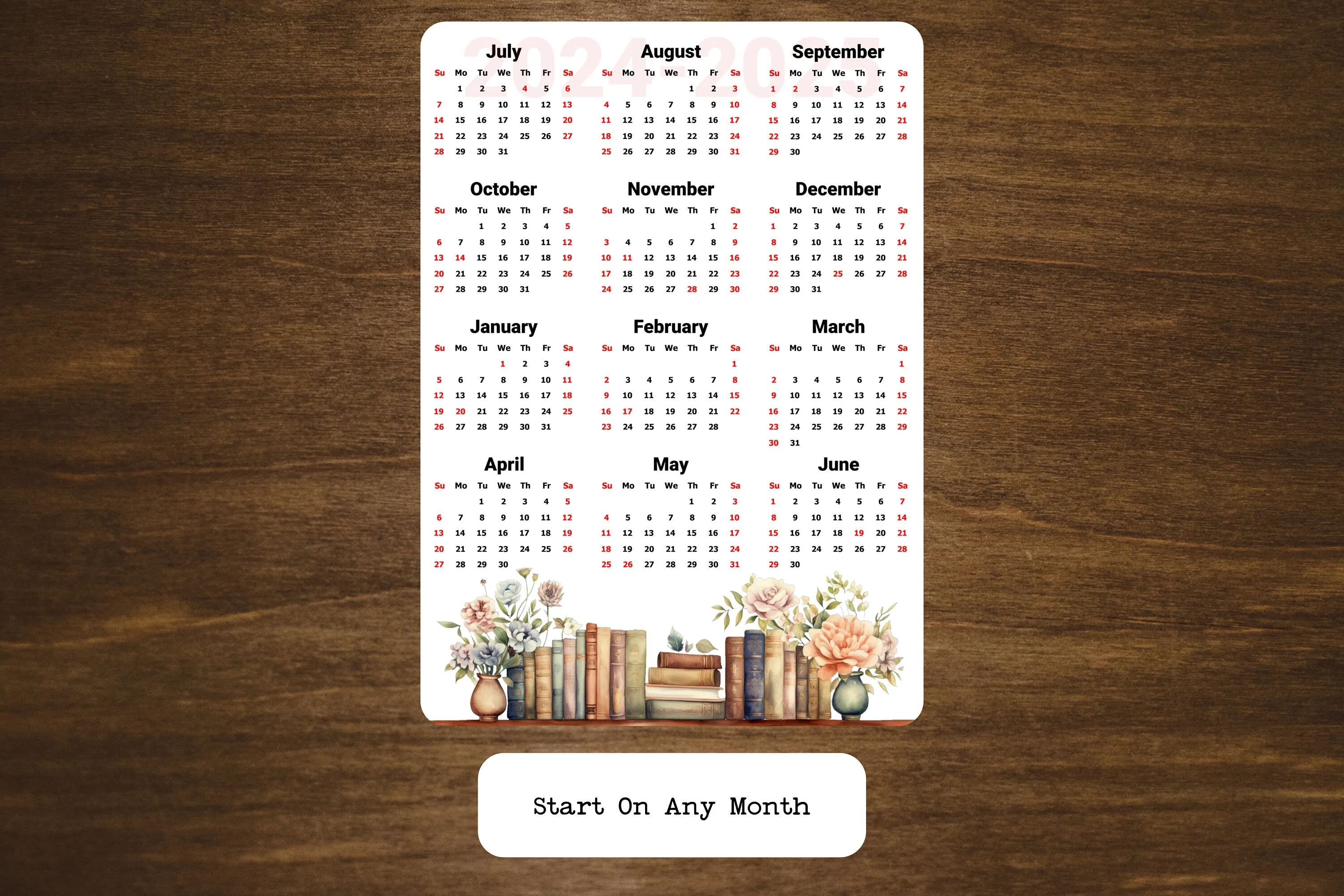 Year At A Glance Calendar Sticker - Books Design