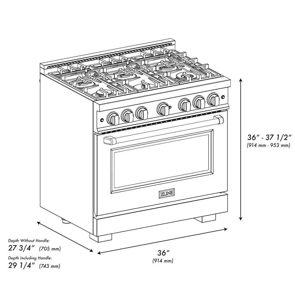 ZLINE 36 in. 5.2 cu. ft. Select Dual Fuel Range with Gas Cooktop and Electric Convection Oven in Stainless Steel with 6 Brass Burners (HDR-BR-36)