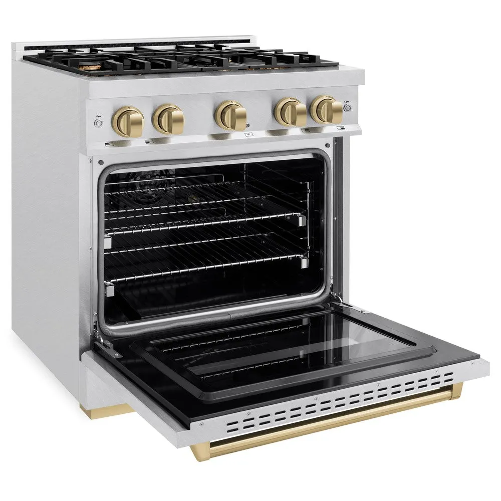 ZLINE Autograph Edition 30 in. 4.2 cu. ft. Classic Dual Fuel Range with 4 Burner Gas Cooktop and Electric Convection Oven in DuraSnow® Stainless Steel with Champagne Bronze Accents (CDRSZ-30-CB)